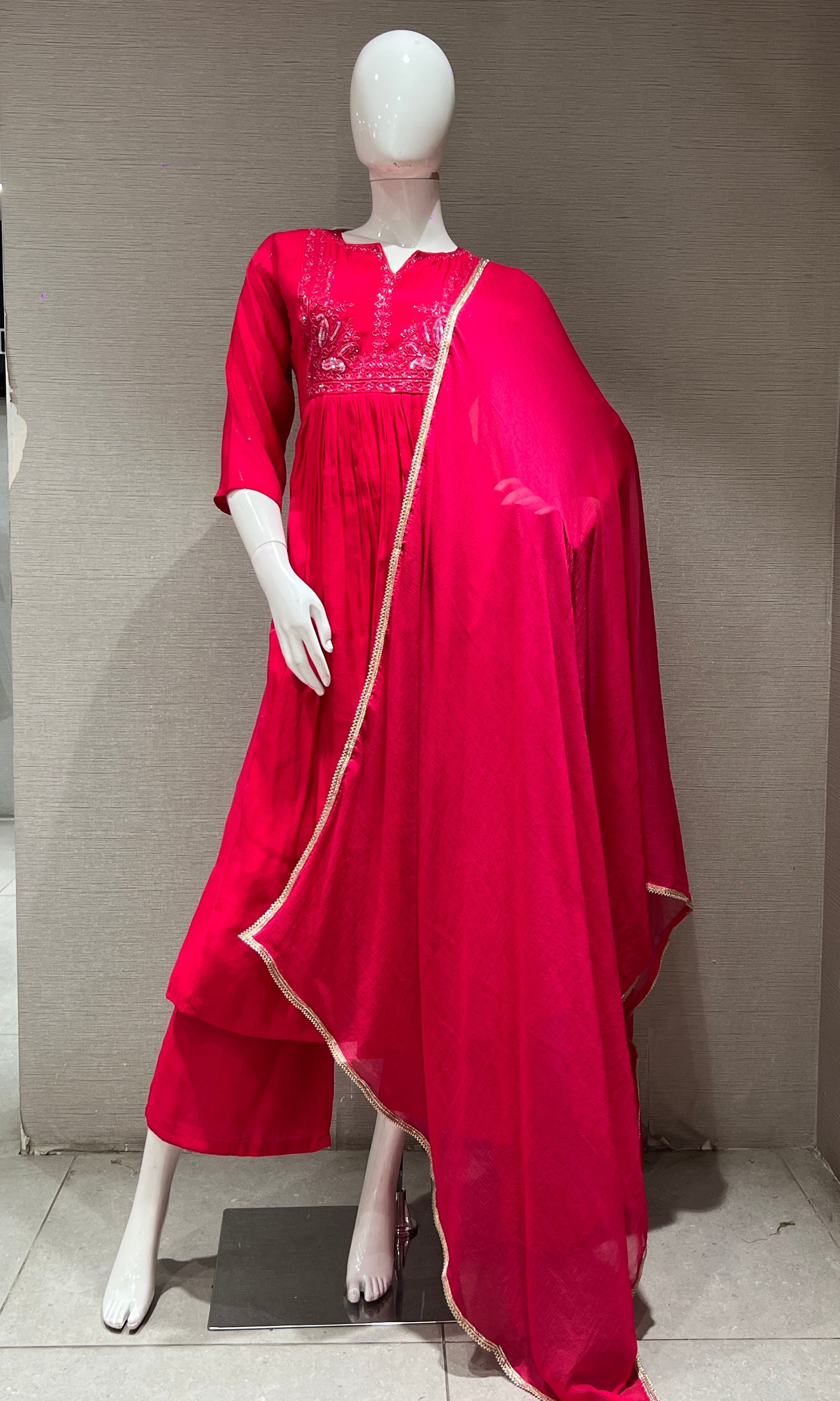 PINK  MUL CHANDERI  kurta set with palazzo pants