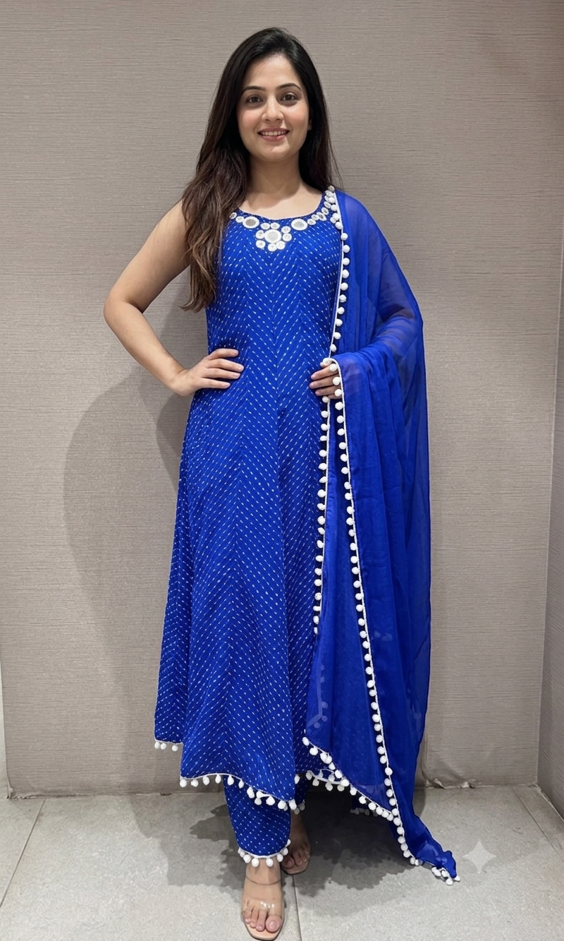 Blue bandhani print and intricate mirror anarkali set