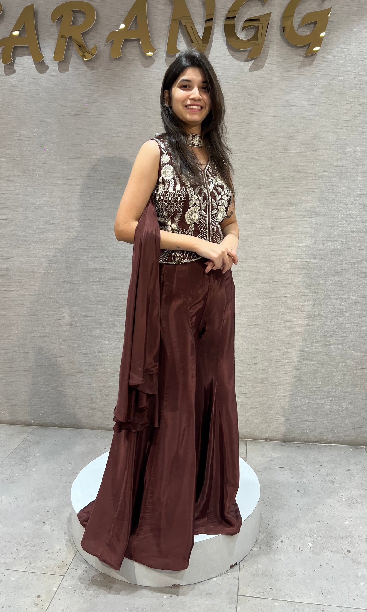 Brown Silk golden floral embroidered peplum palazzo set