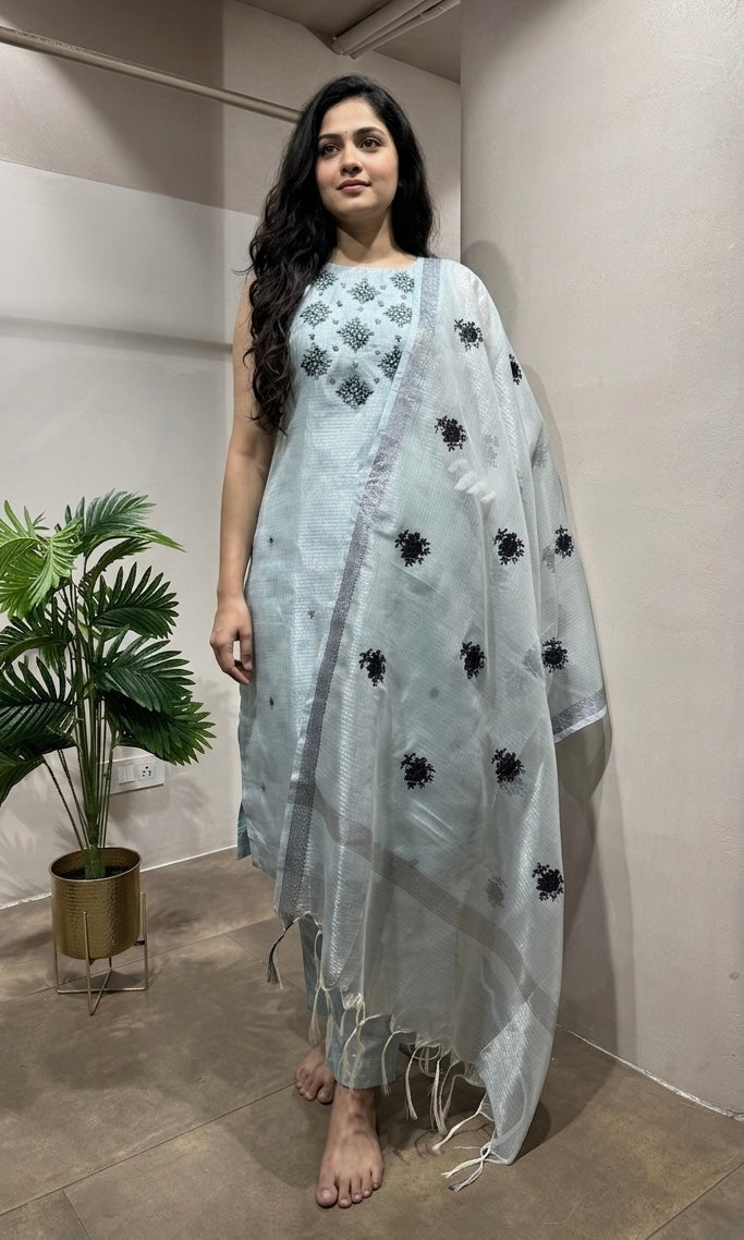 Sea Blue Kota Doria Embroidered Kurta Set