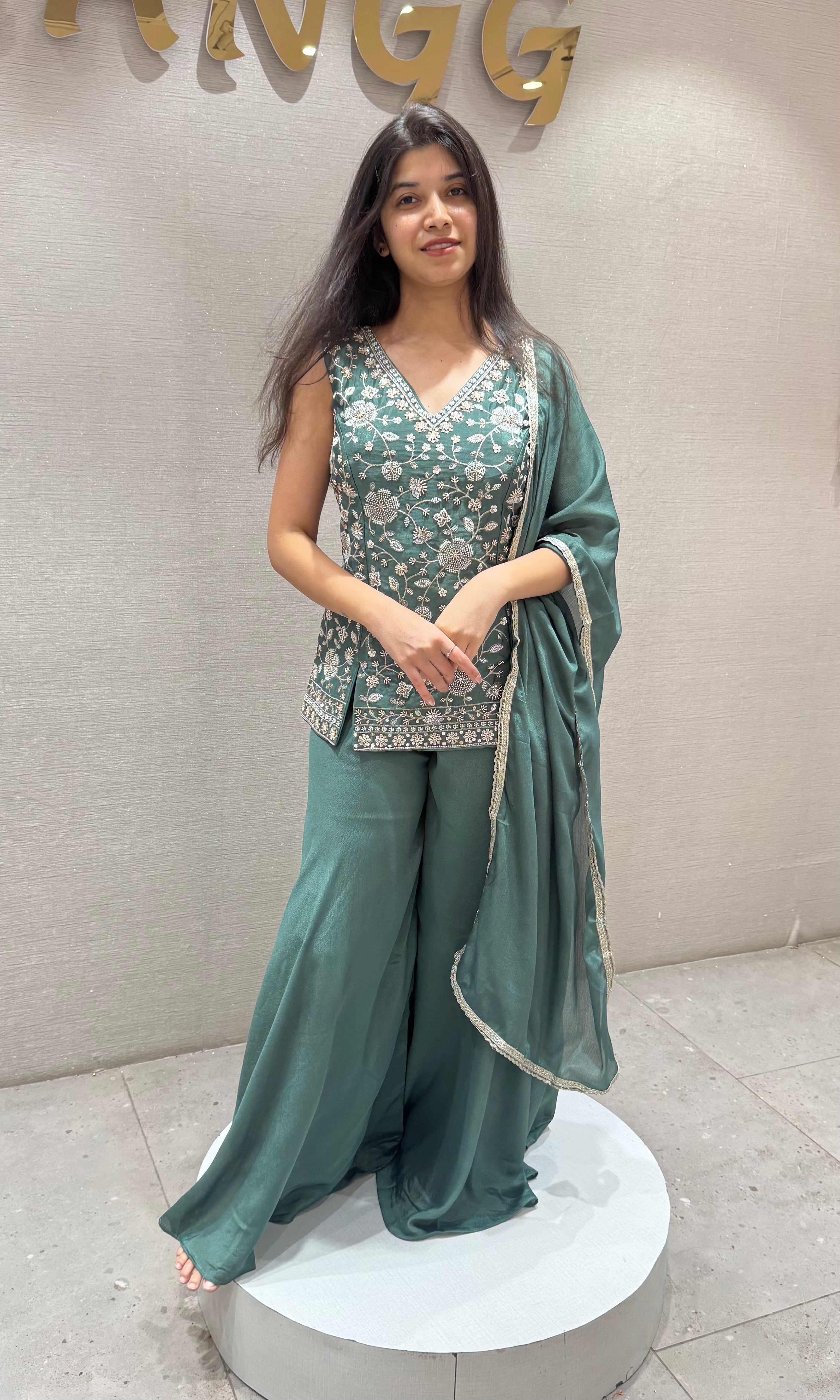Green Peplum Sharara Set with Floral Embroidery