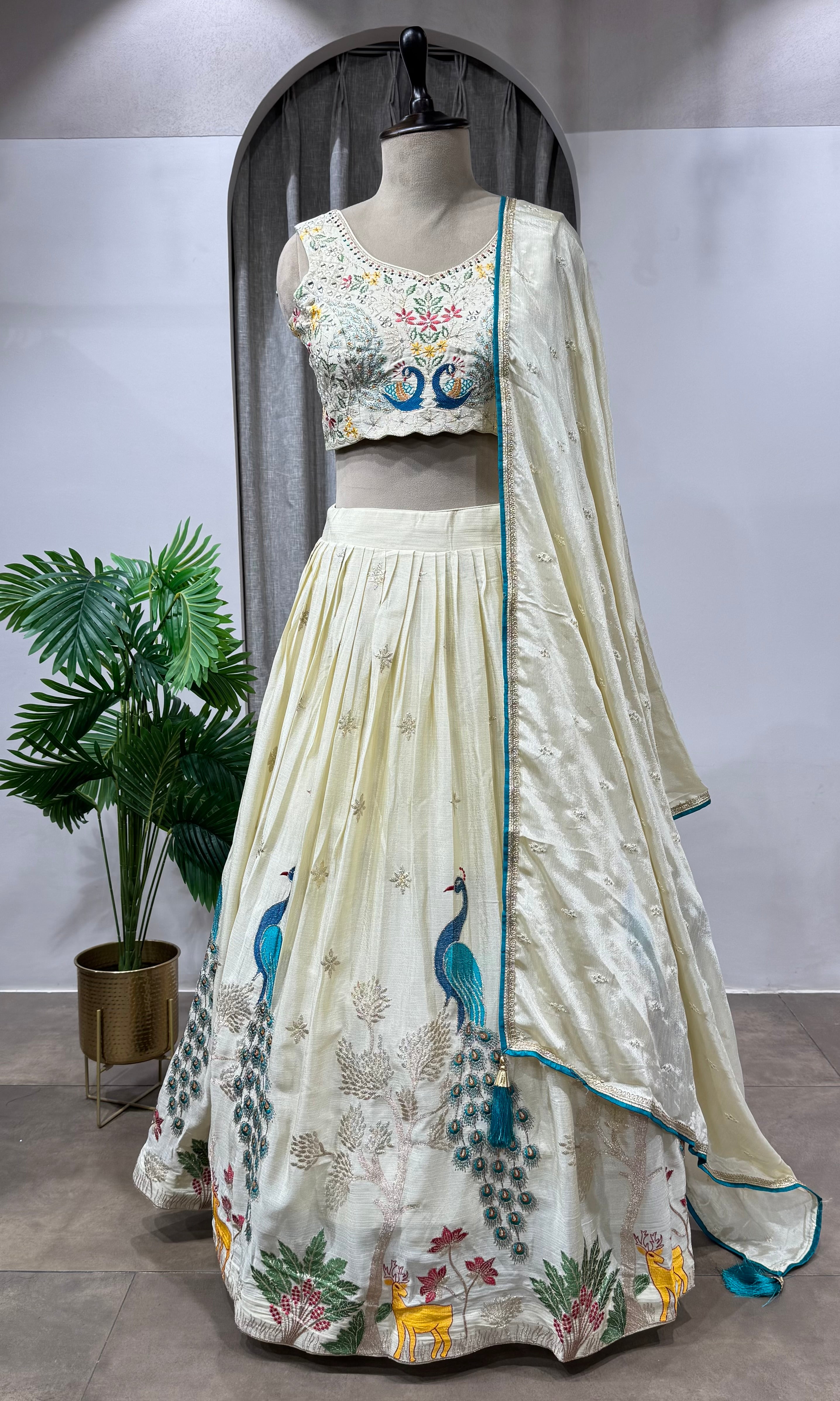 Cream Lehenga with Intricate Peacock Embroidery