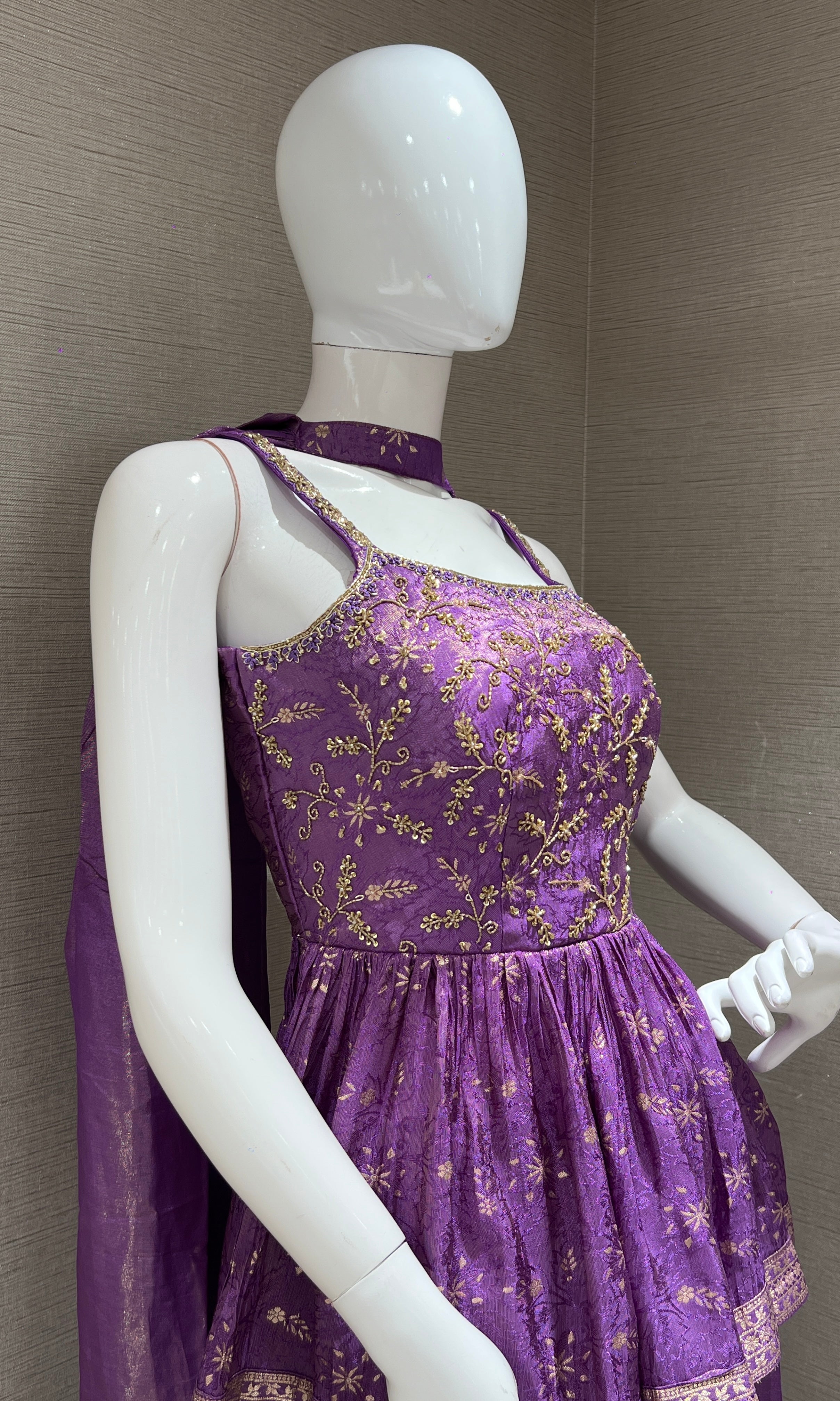 Purple shimmer tissue peplum palazzo set