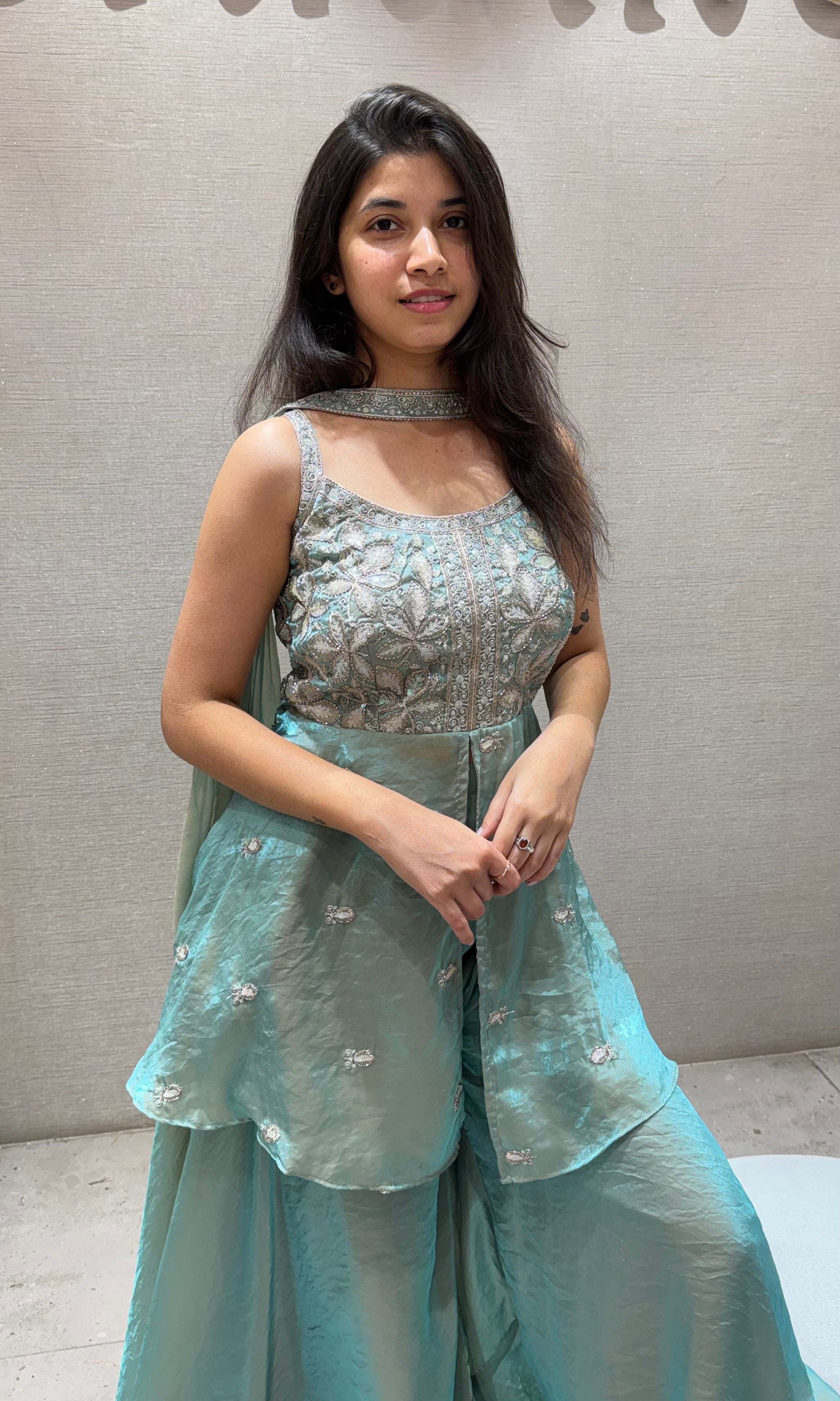 Sea blue embroidered peplum palazzo set