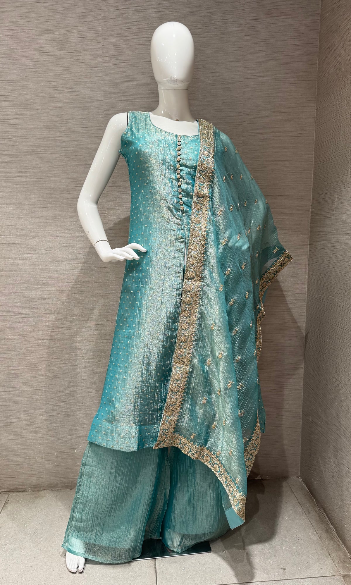 Blue Shimmer Anarkali Set with Sheer Dupatta