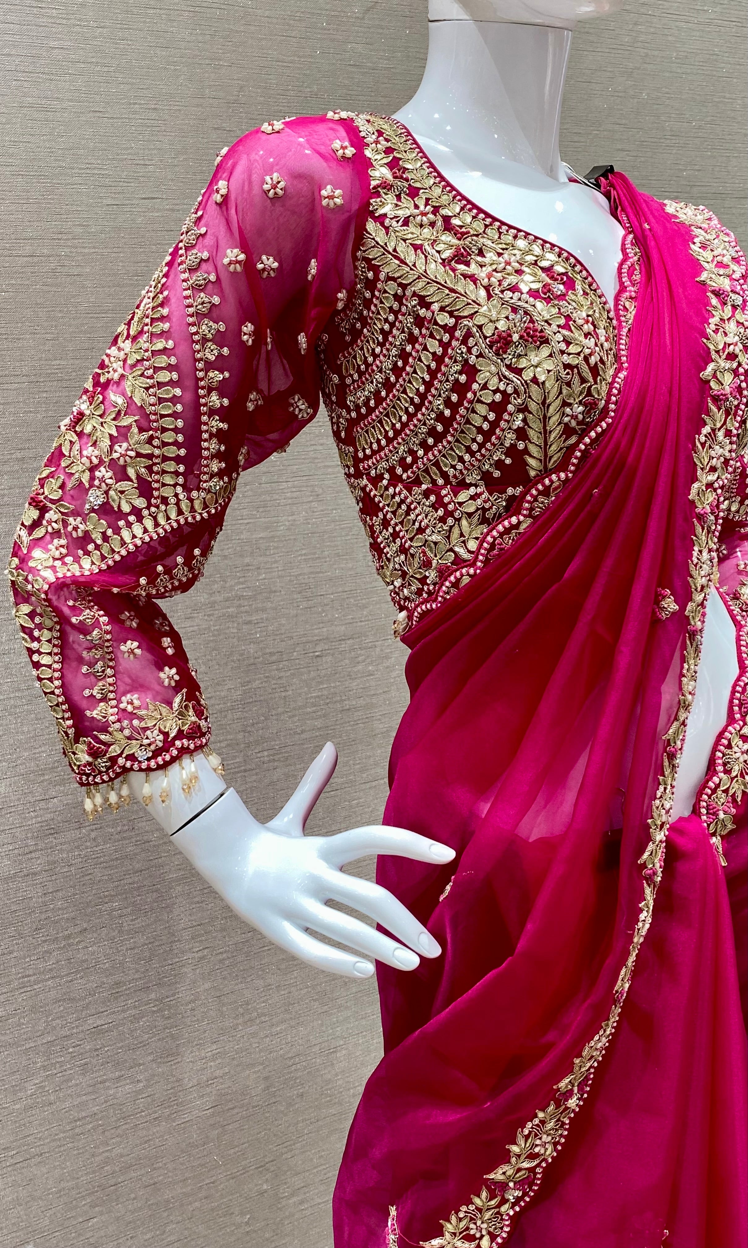 Pink saree with ready blouse