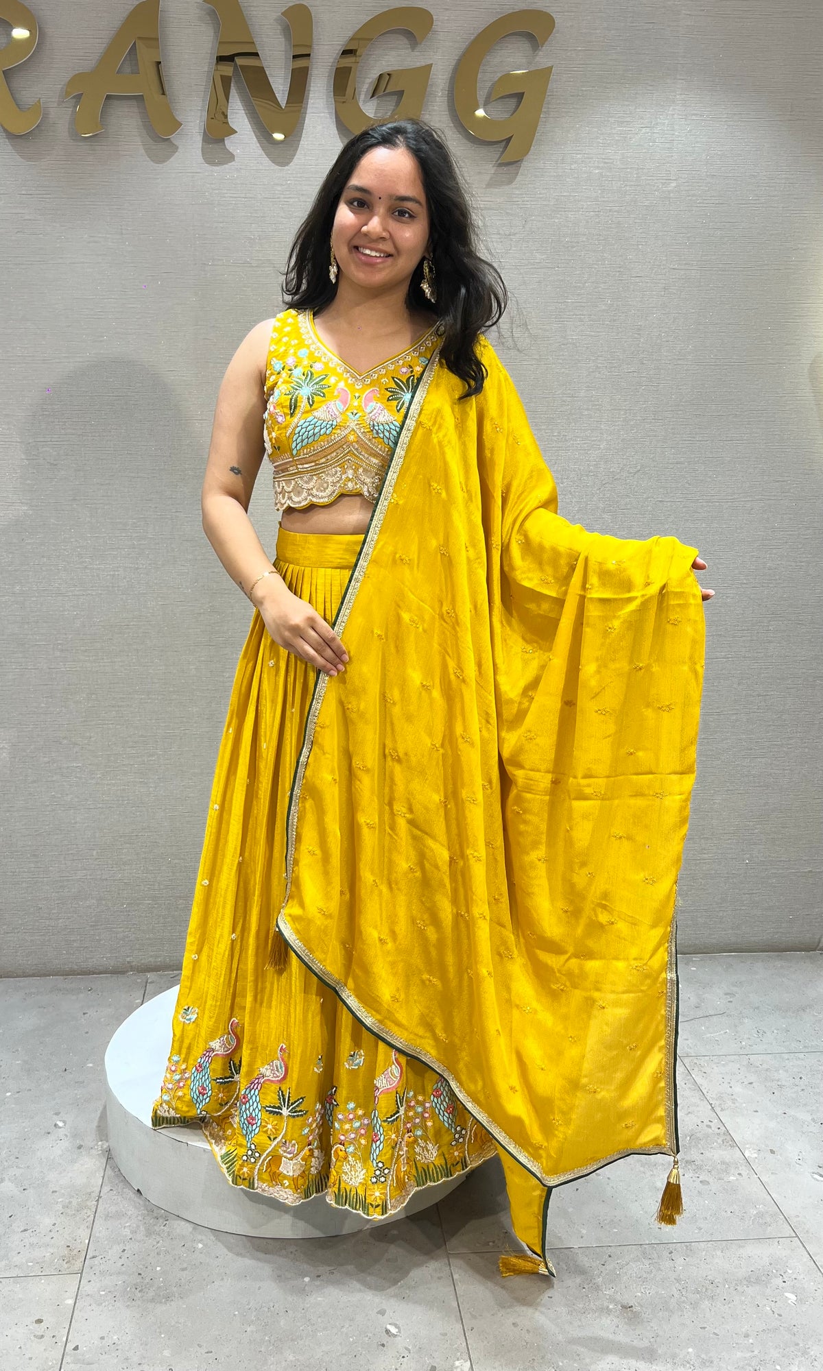 Yellow Tissue silk Lehenga with Peacock & Floral Embroidery