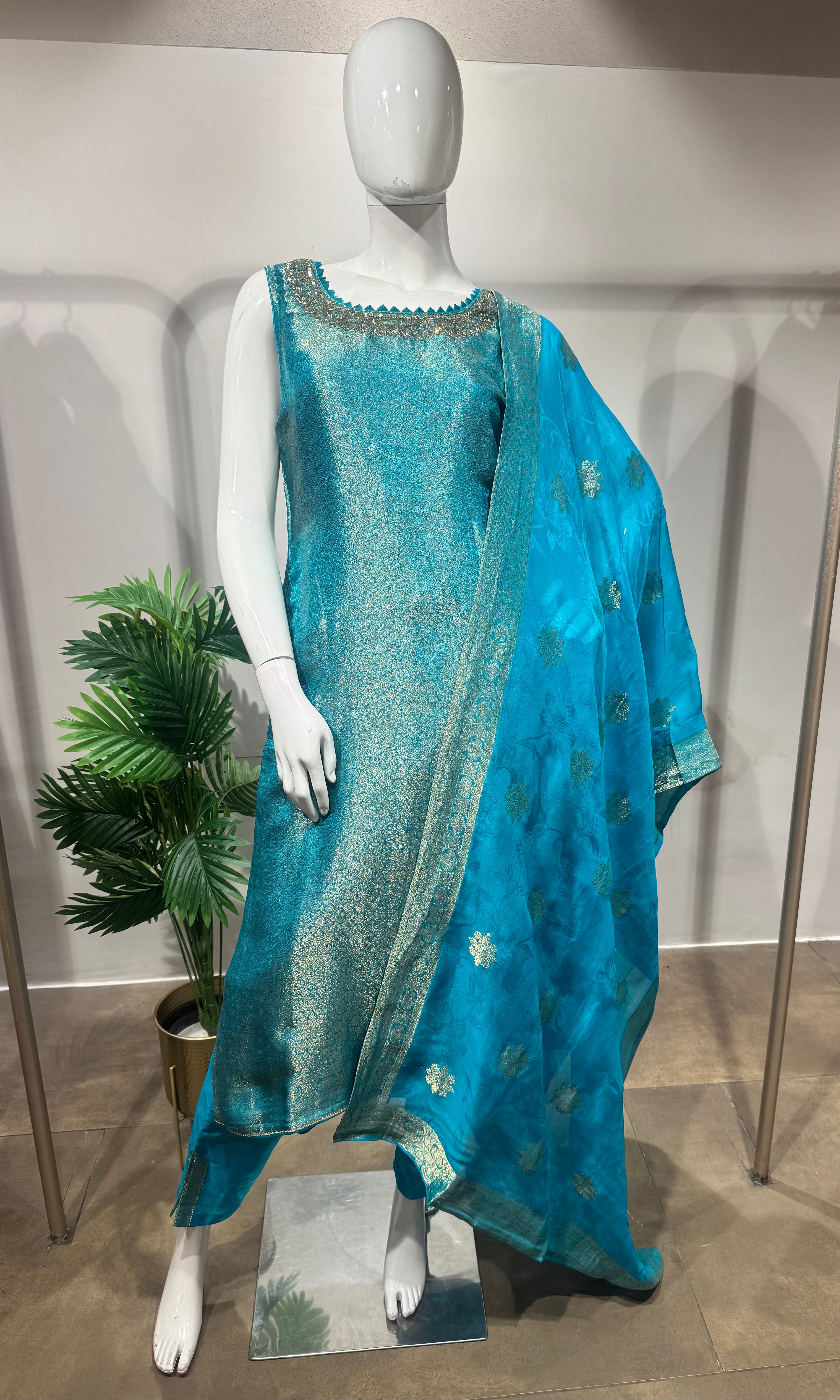 RAMA BLUE GOLDEN BANARASI KURTA SET