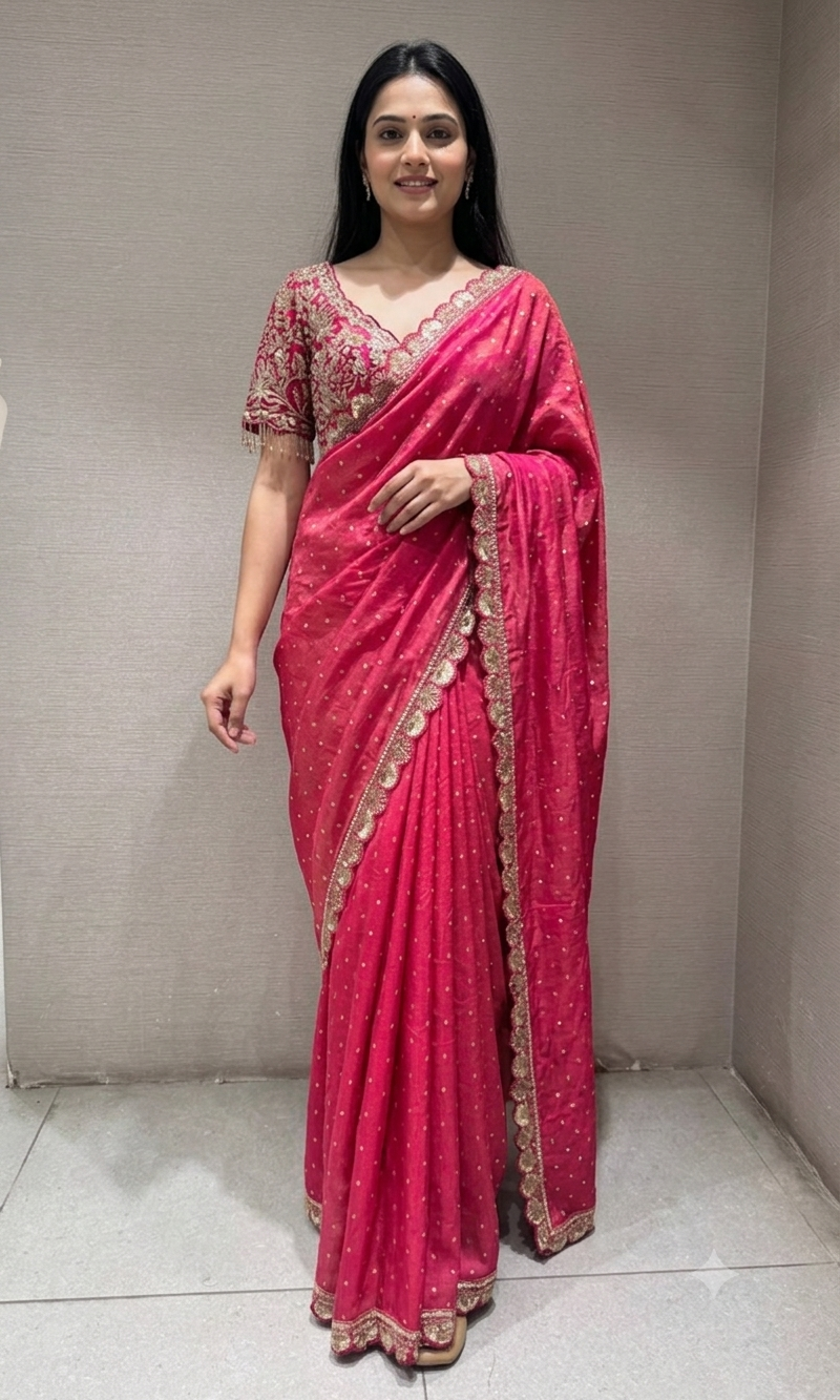 Pink Bandhani Saree with embroidered blouse