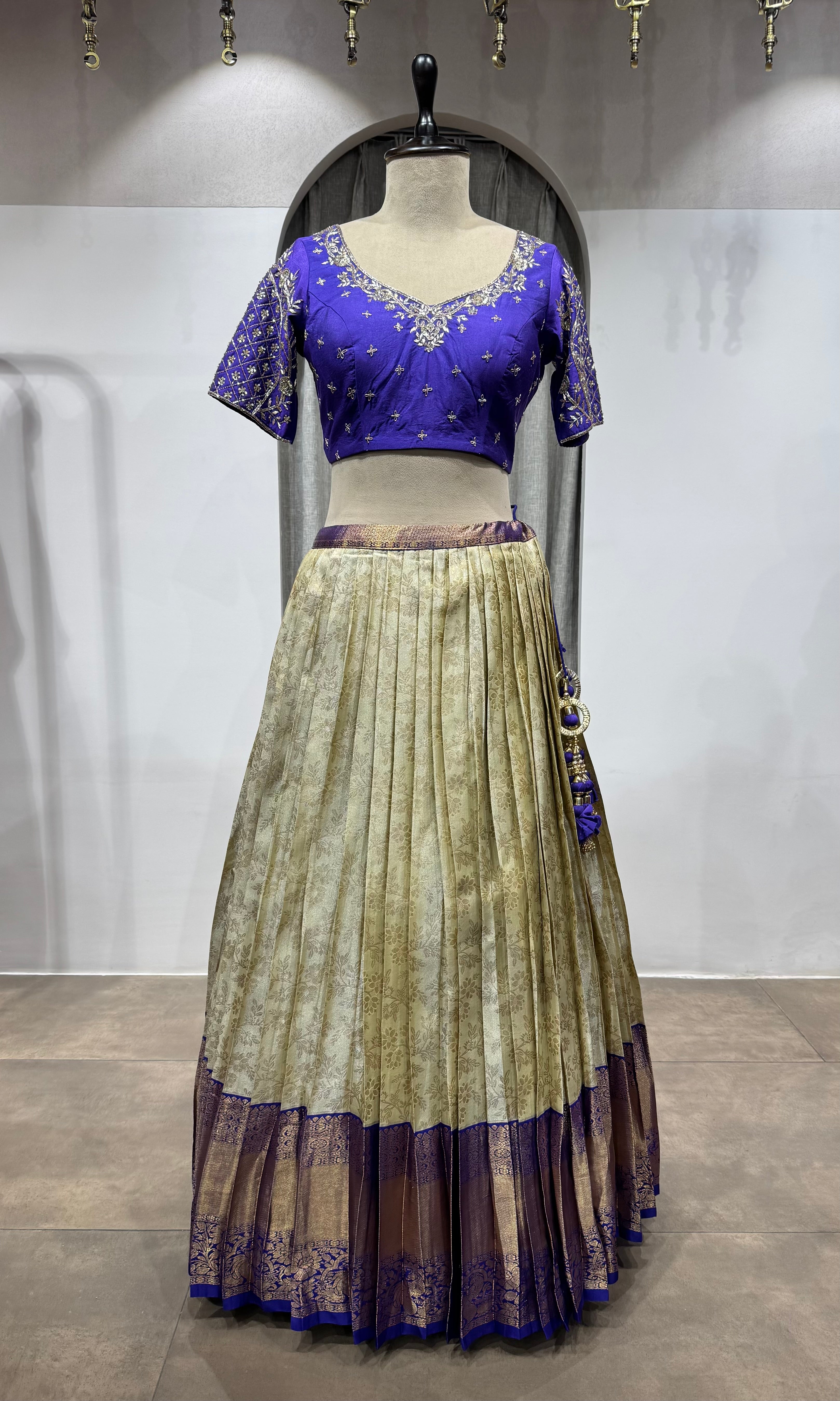purple and cream kanjivaram Pattu lehenga