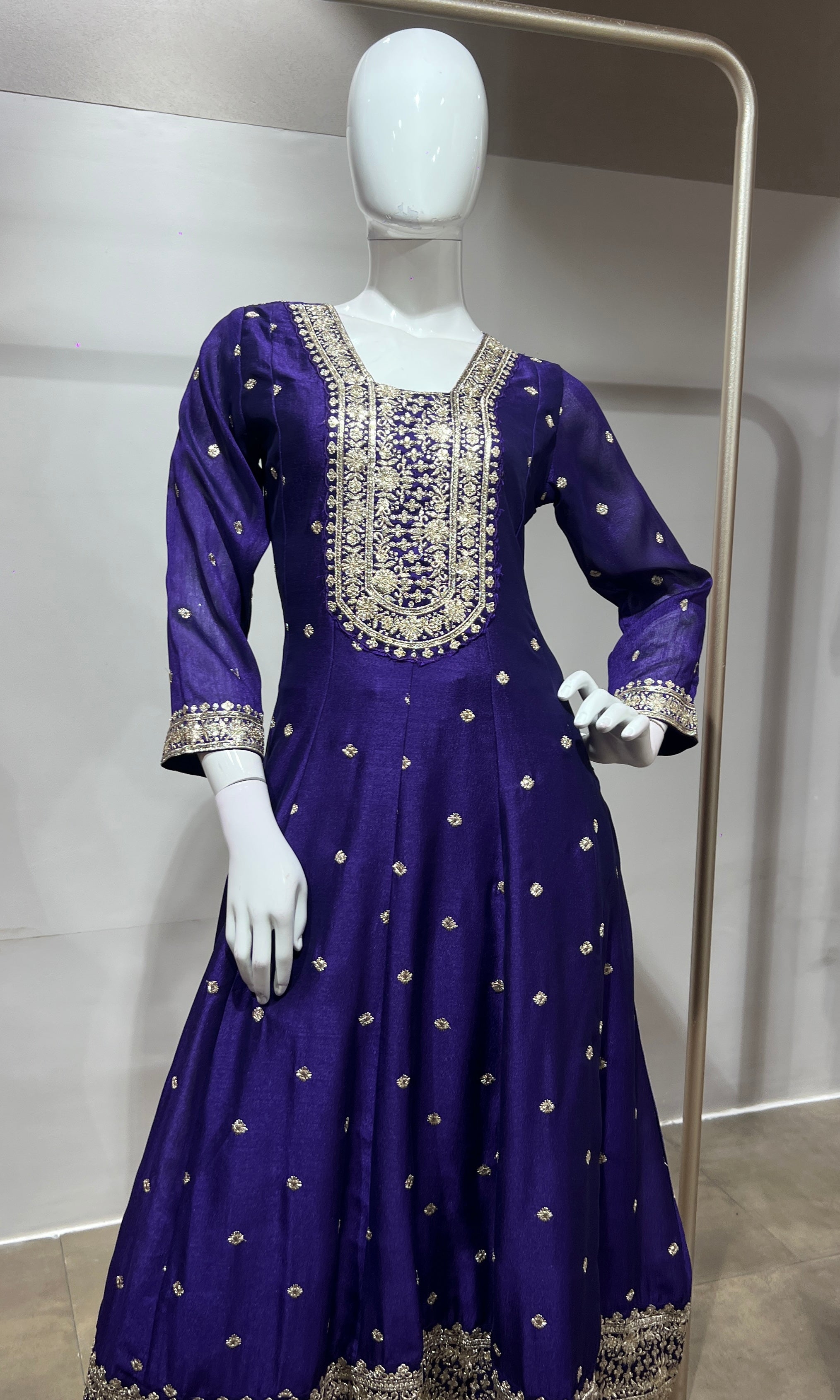Purple gold embroidered anarkali set