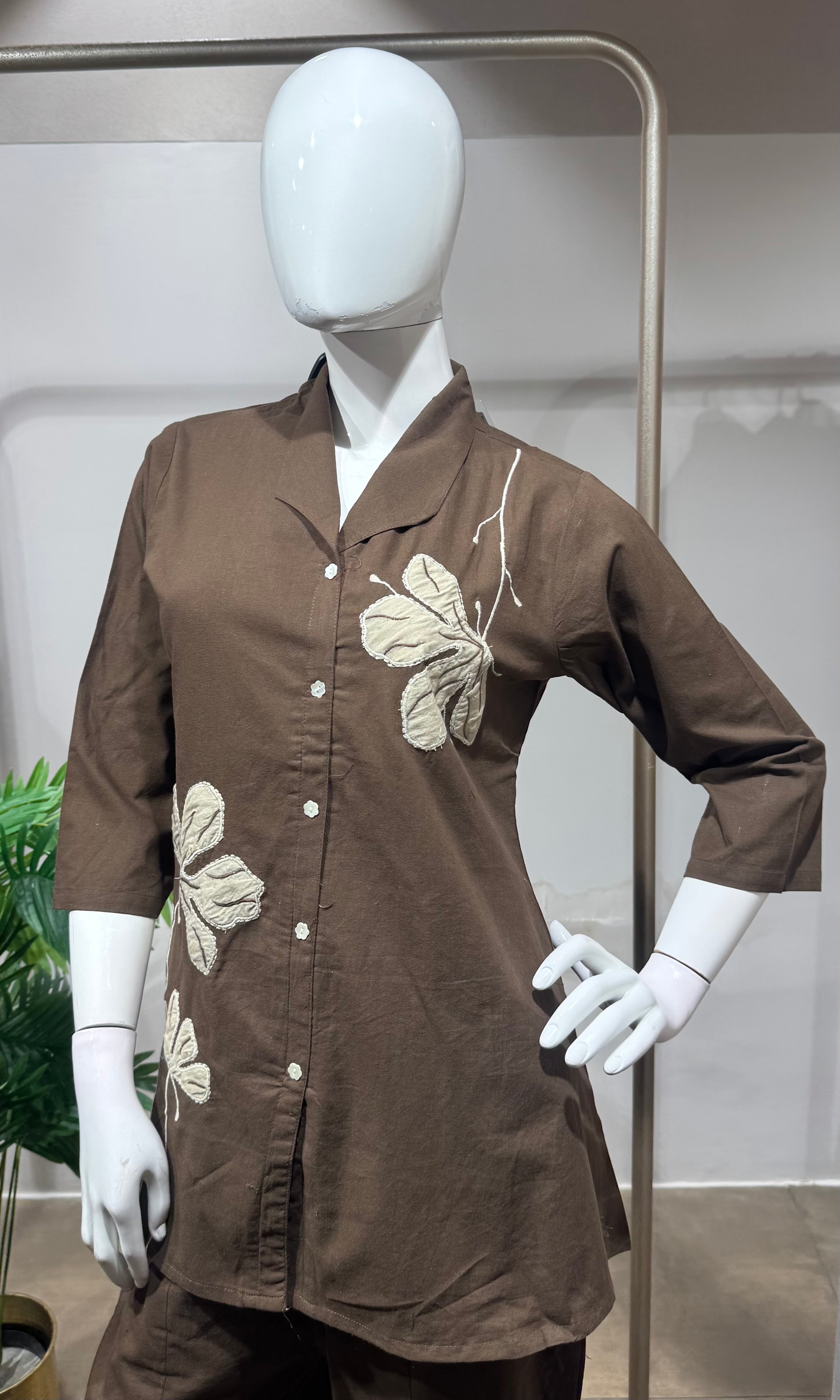 brown linen floral embroidered cord set