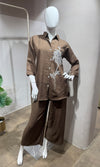 Brown Floral Embroidered Cord Set