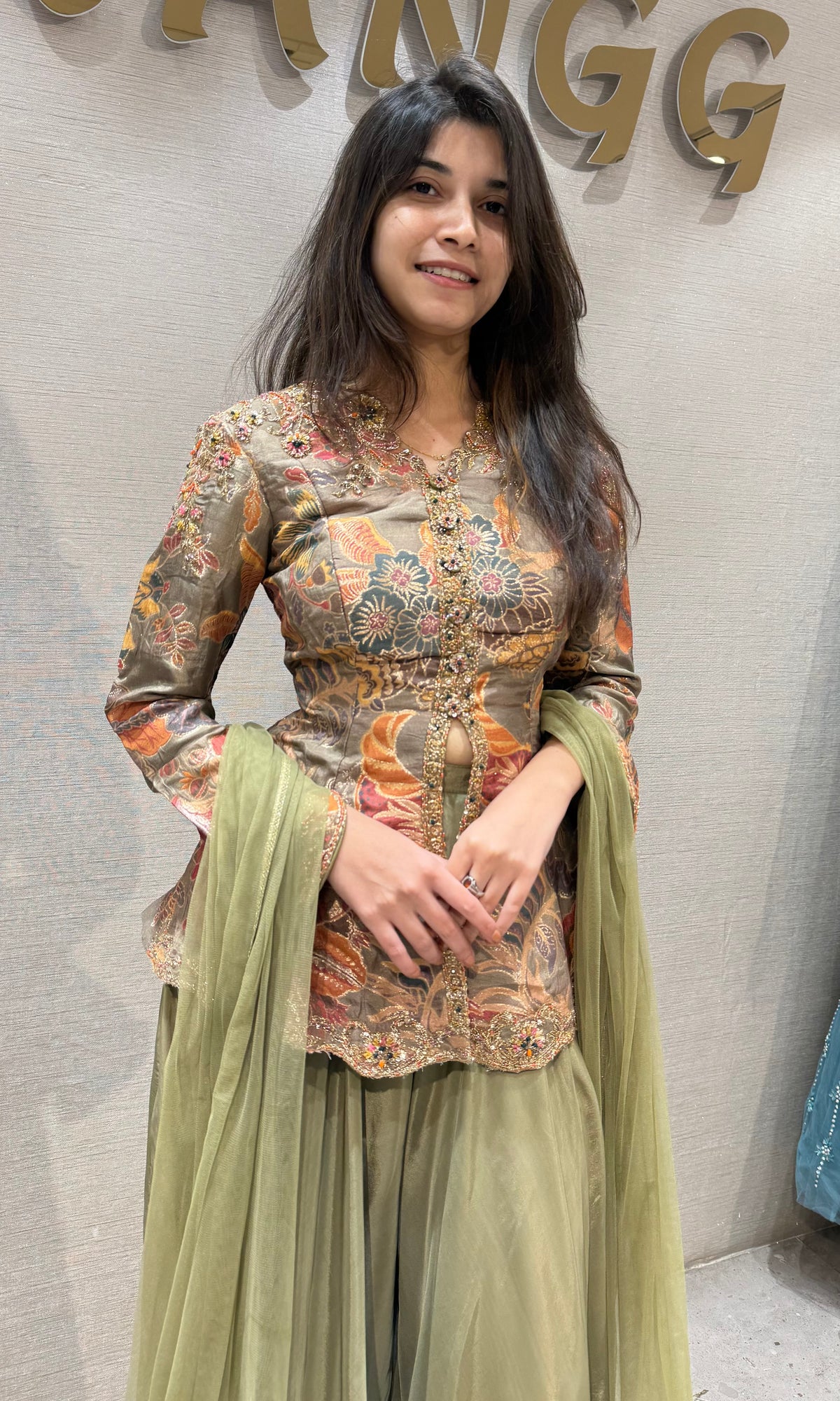 Olive Green Ensemble Peplum Palazzo set with dupatta