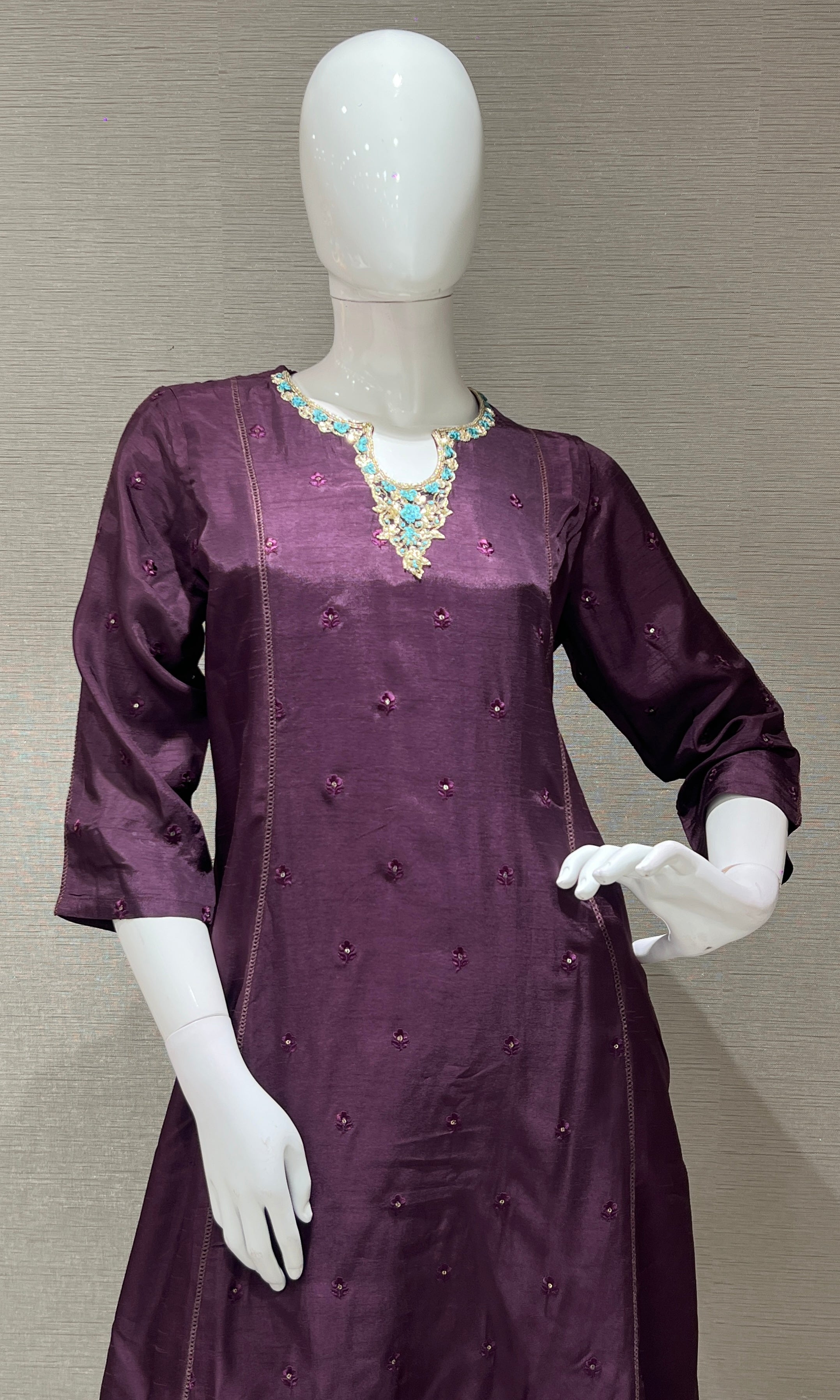 wine kurta set with floral printed dupatta