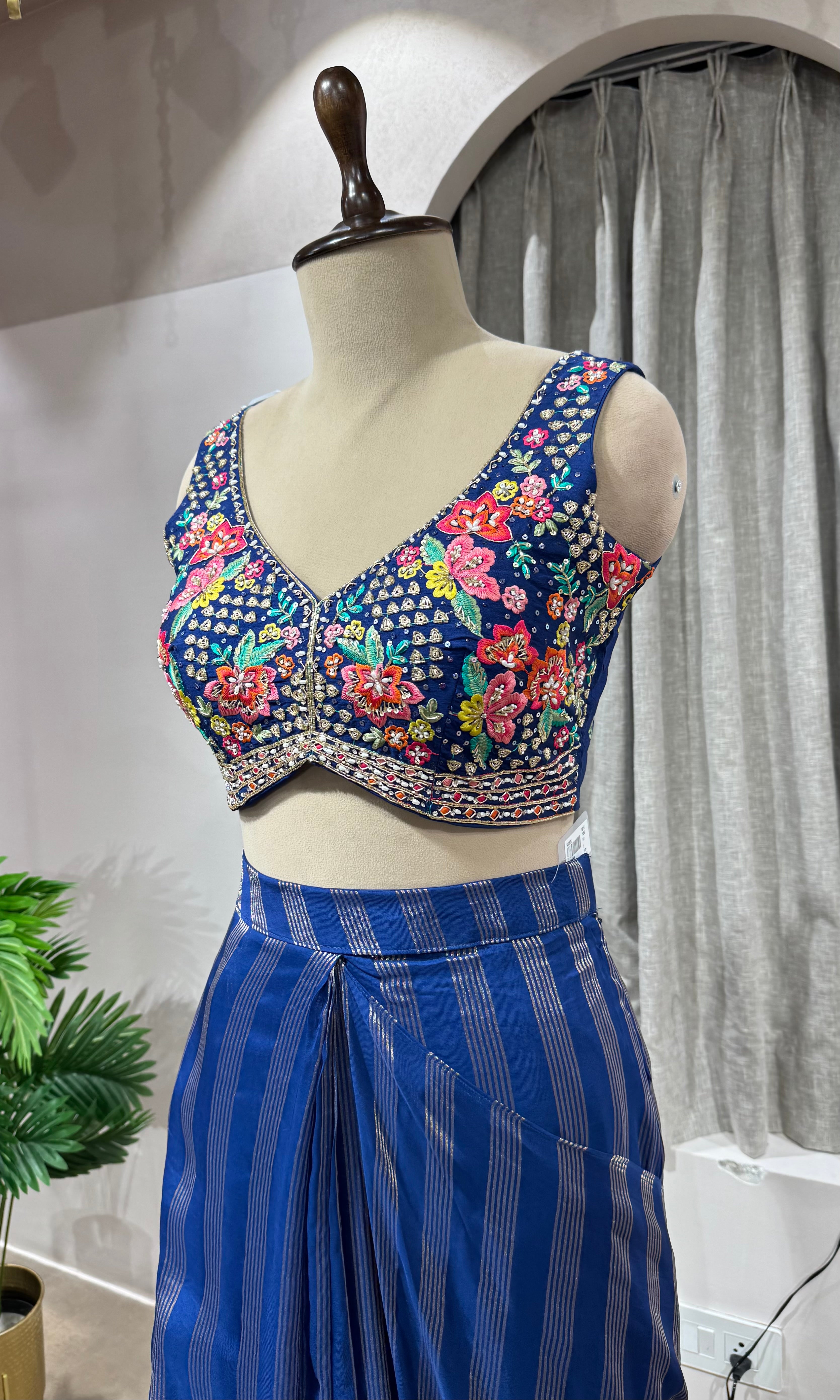 blue and silver striped Drape saree with intricate blouse