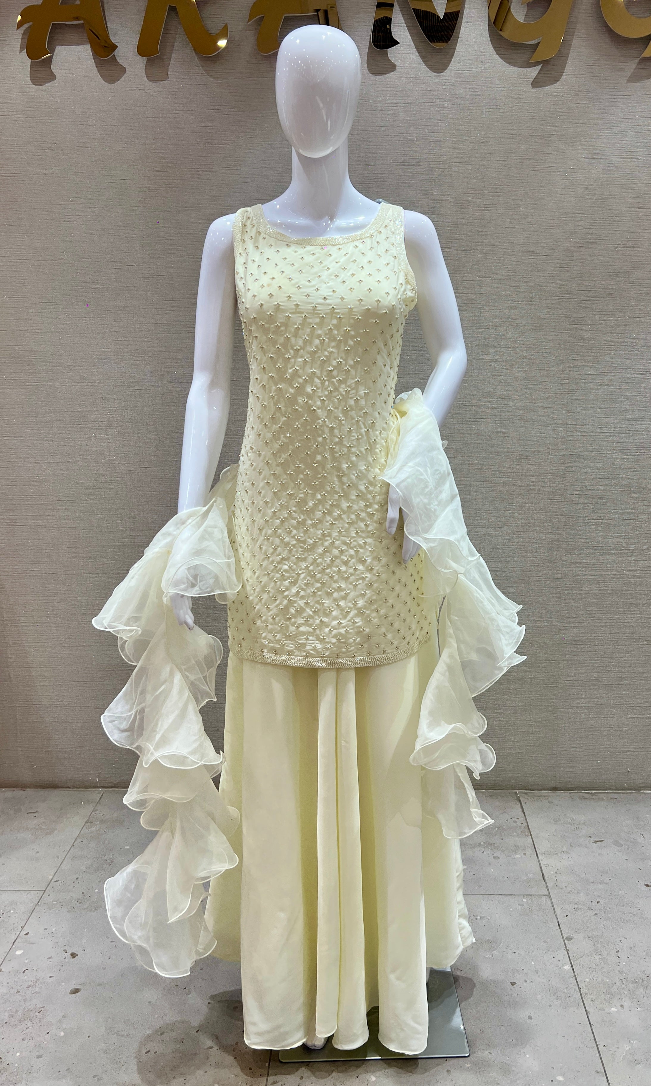 White palazzo set with ruffle dupatta
