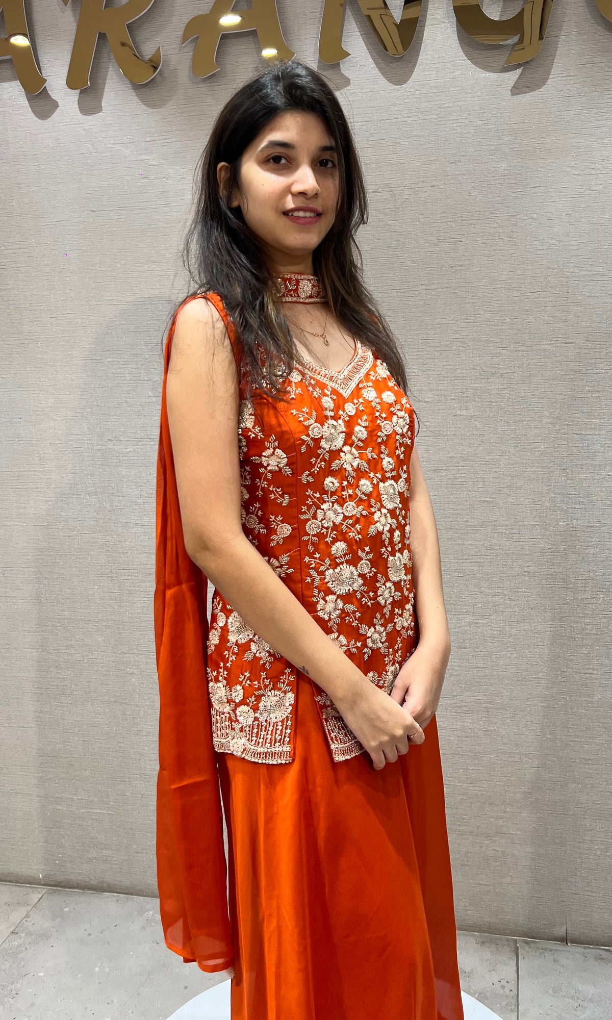 Orange Silk Floral Embroidered Palazzo Set