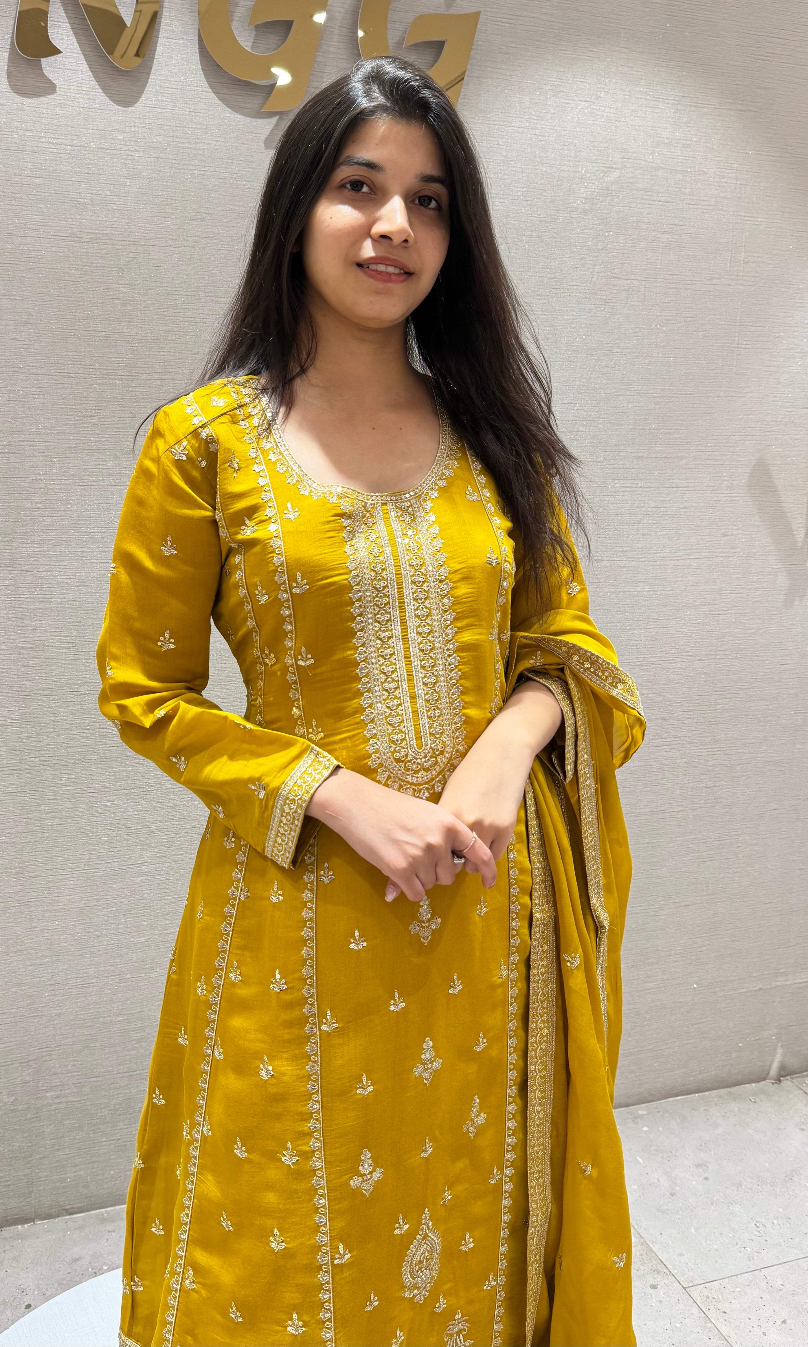 YELLOW Embellished Chinon SILK KURTA SET