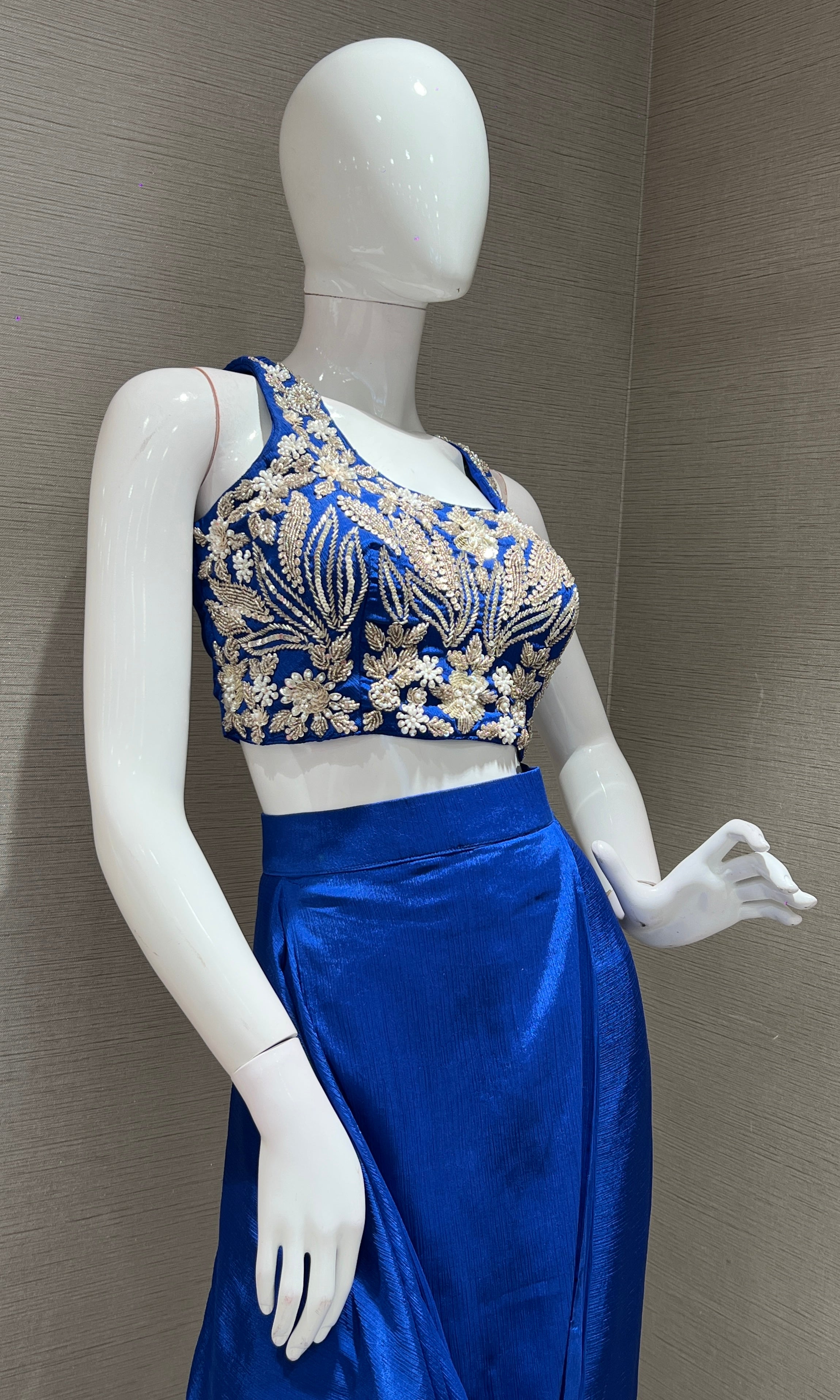 blue EMBROIDERED BLOUSE WITH draped skirt & CAPE