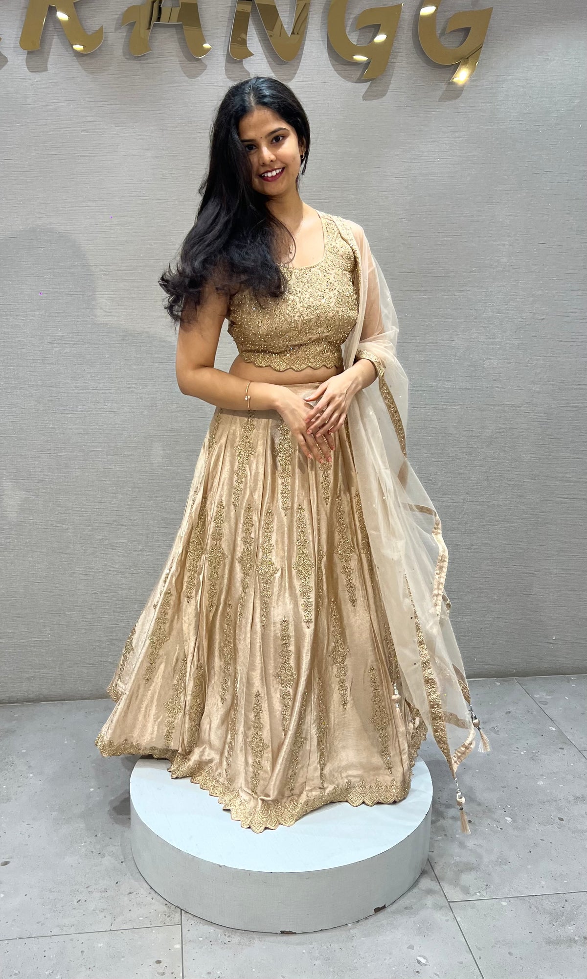 Gold Satin silk Embroidered Lehenga with Sheer net Dupatta