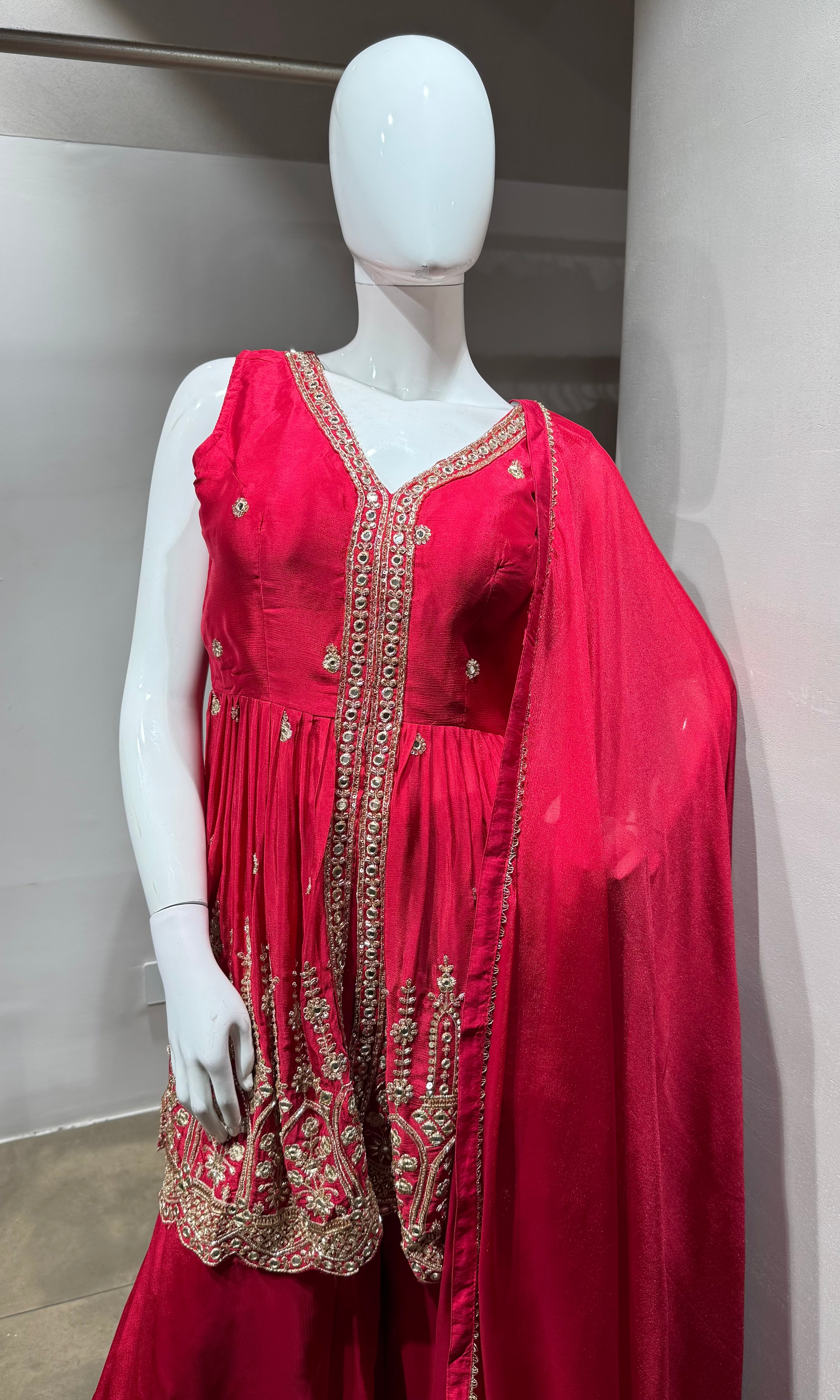 RED Silk Embroidered Palazzo Set with Dupatta