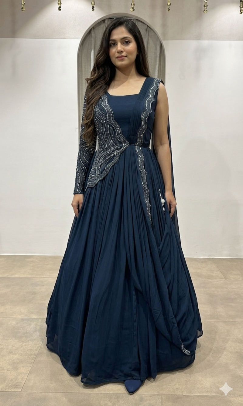 BLUE Embellished Floor-Length Anarkali Gown