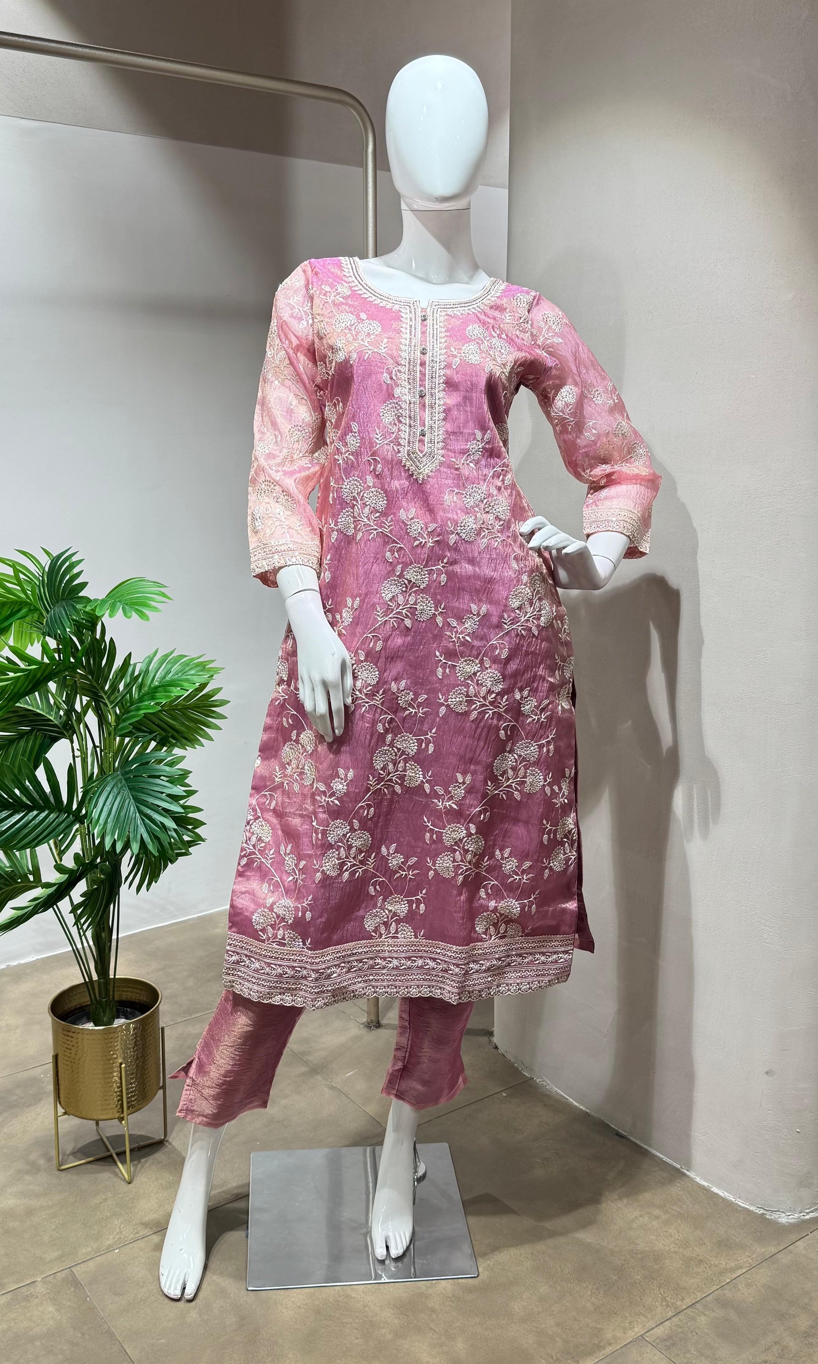 Onion pink floral embroidery kurta set