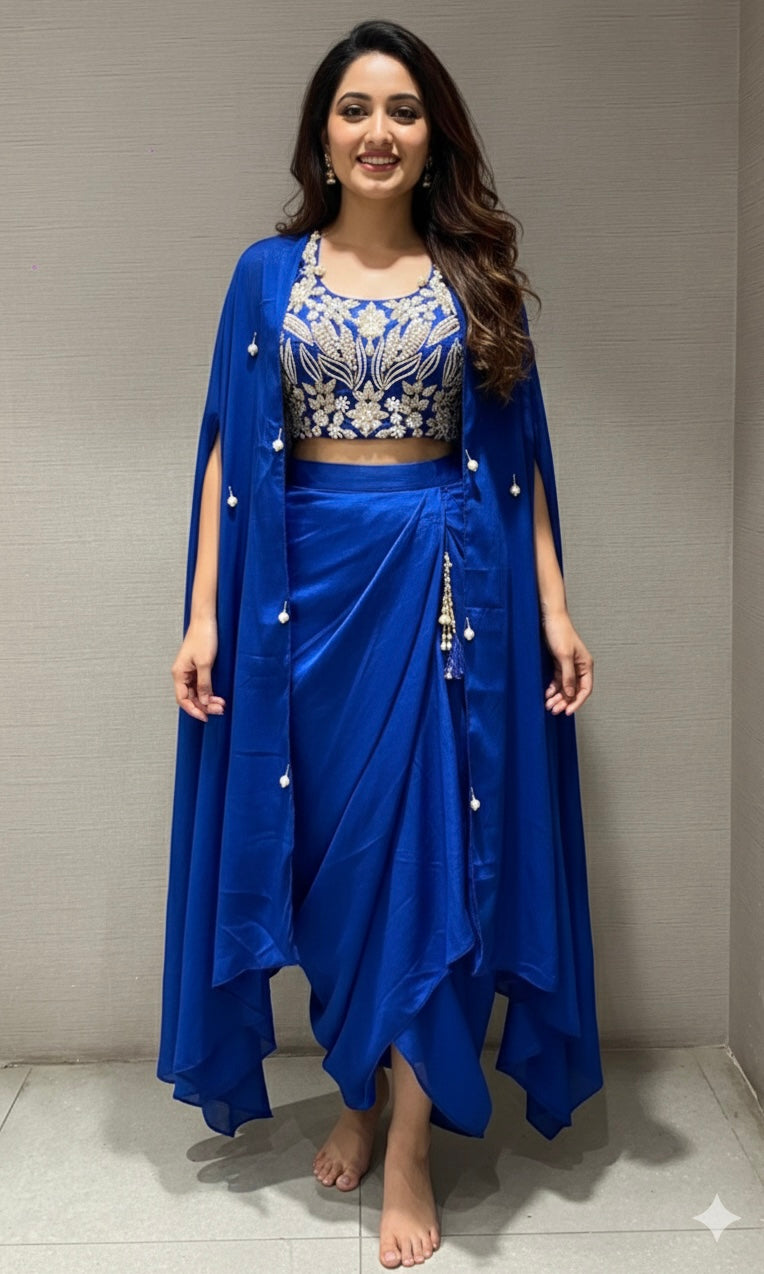 blue EMBROIDERED BLOUSE WITH draped skirt & CAPE