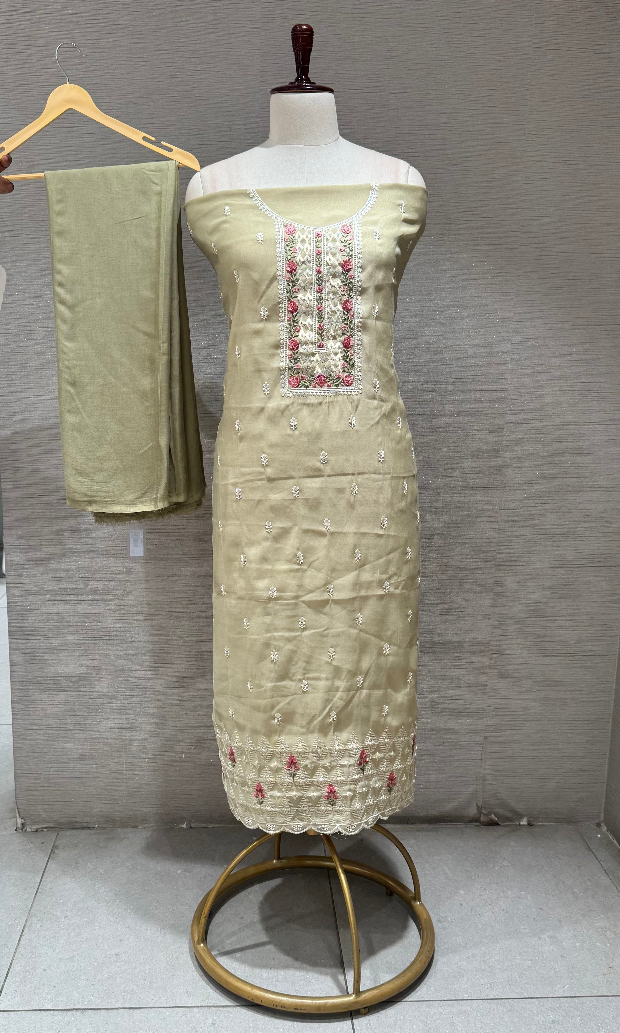Olive Green floral embroidery dress material