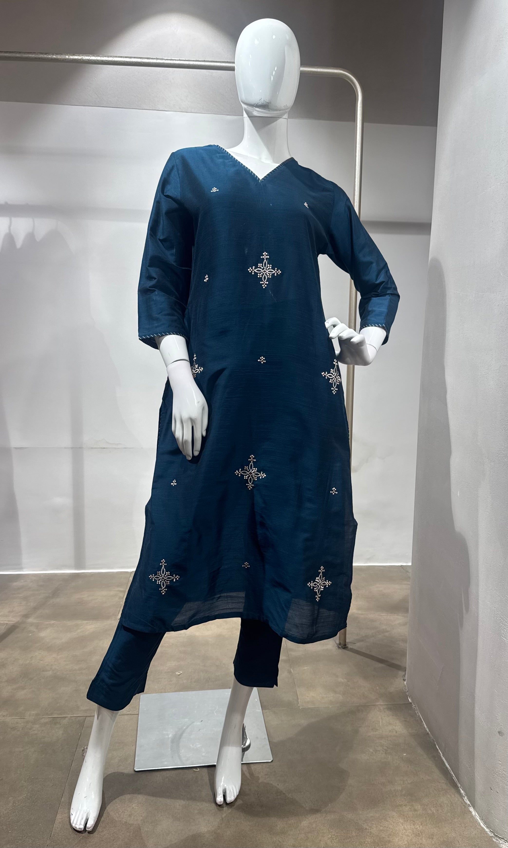 Blue Embroidered Chanderi Kurta Set with Dupatta