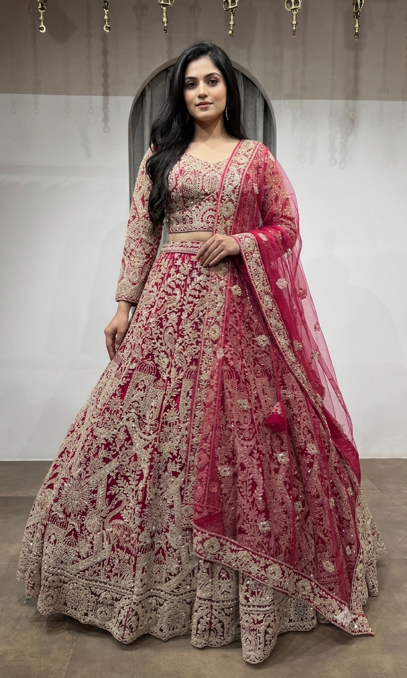 PINK Bridal Lehenga with Floral Embroidery