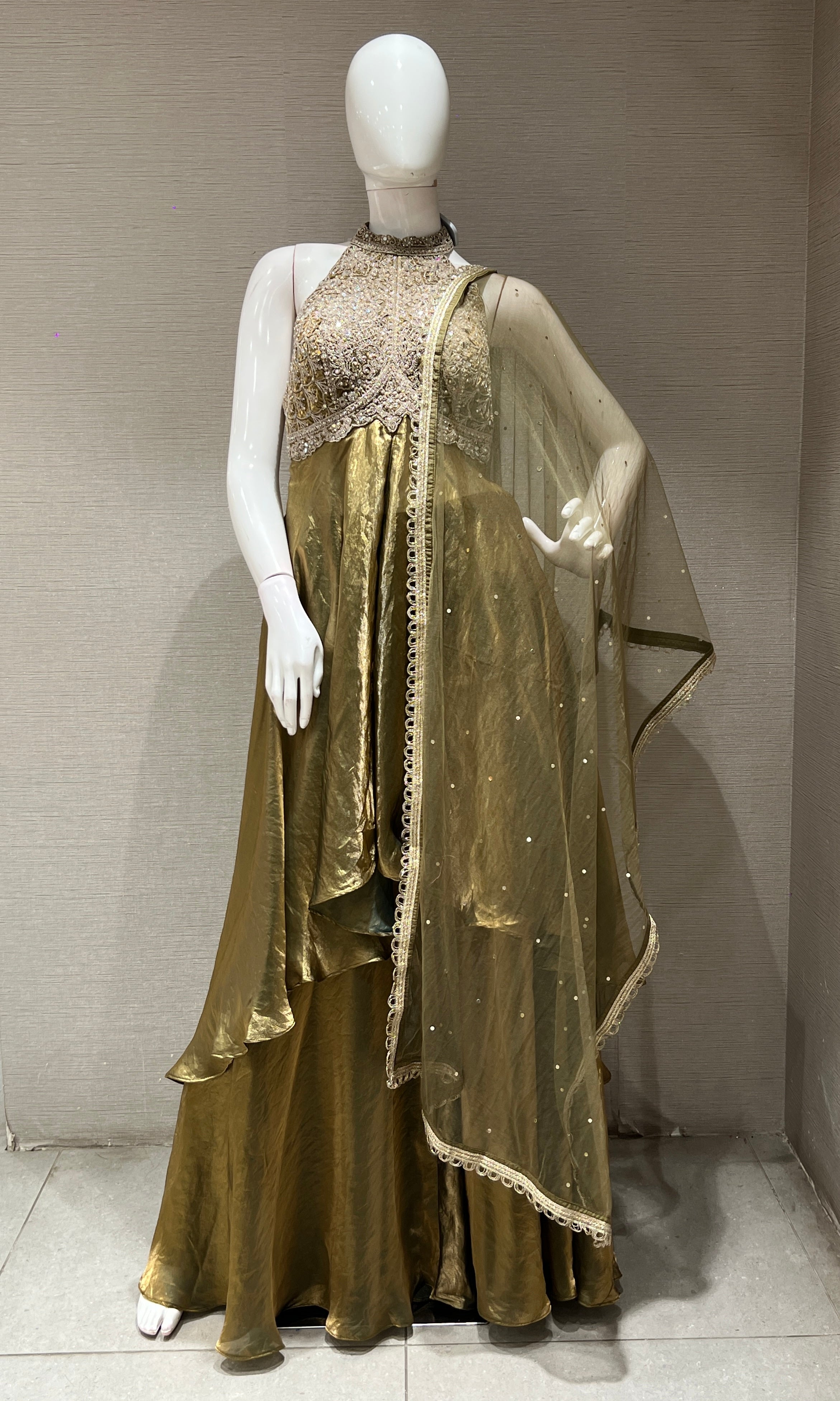 GREEN HALTER NECK ANARKALI WITH FLARED PANTS