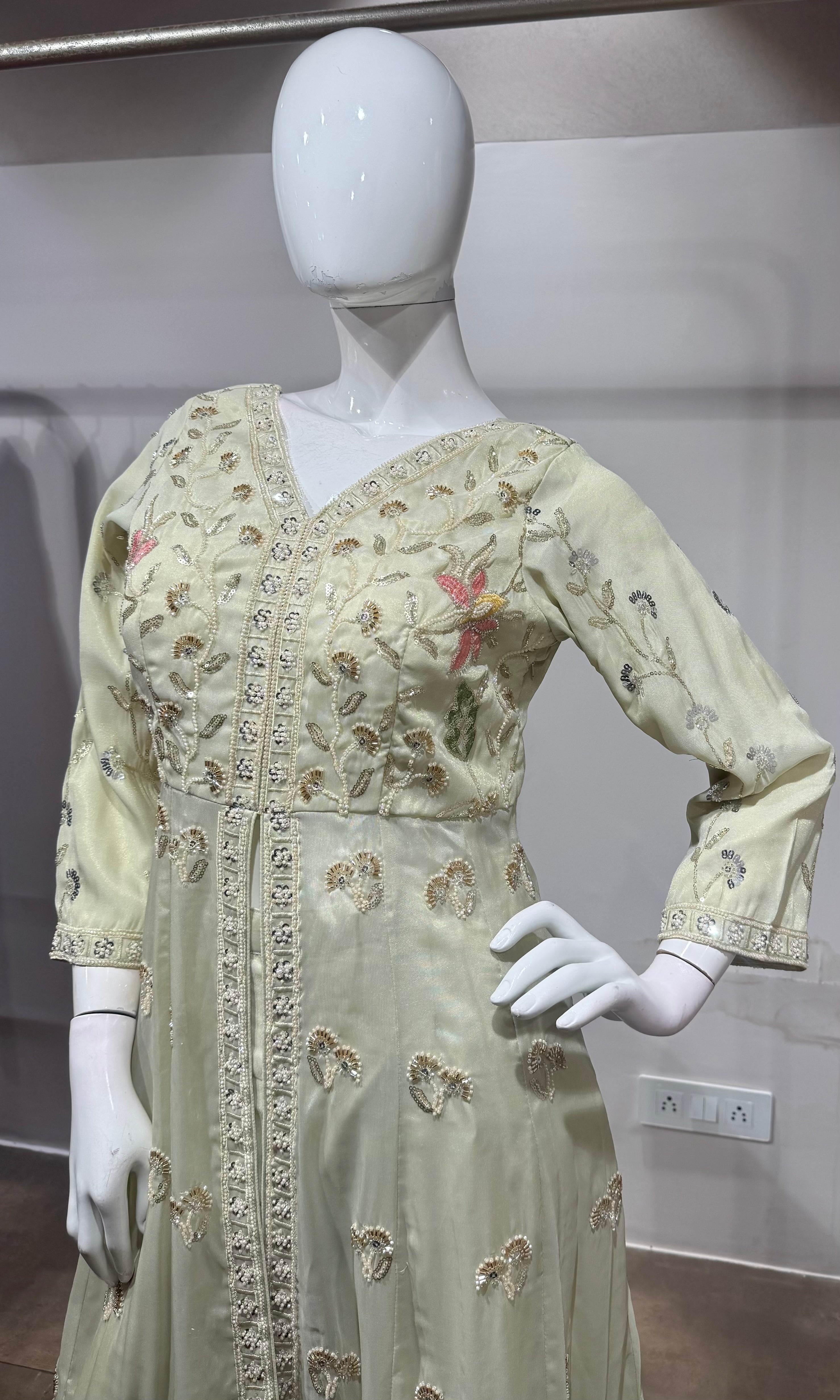 cream embroidered front-slit anarkali set