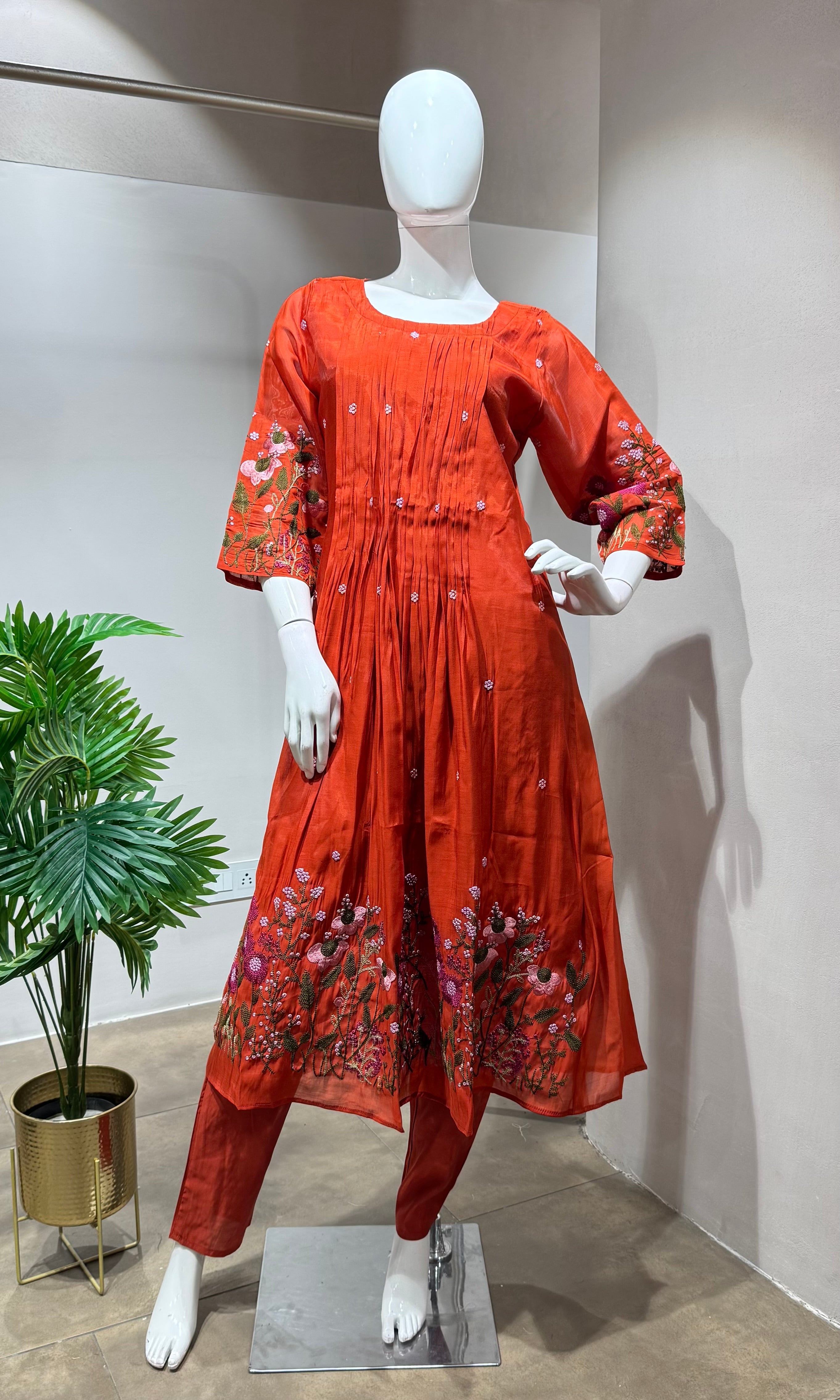 Rust mul chanderi floral embroidery kurta set