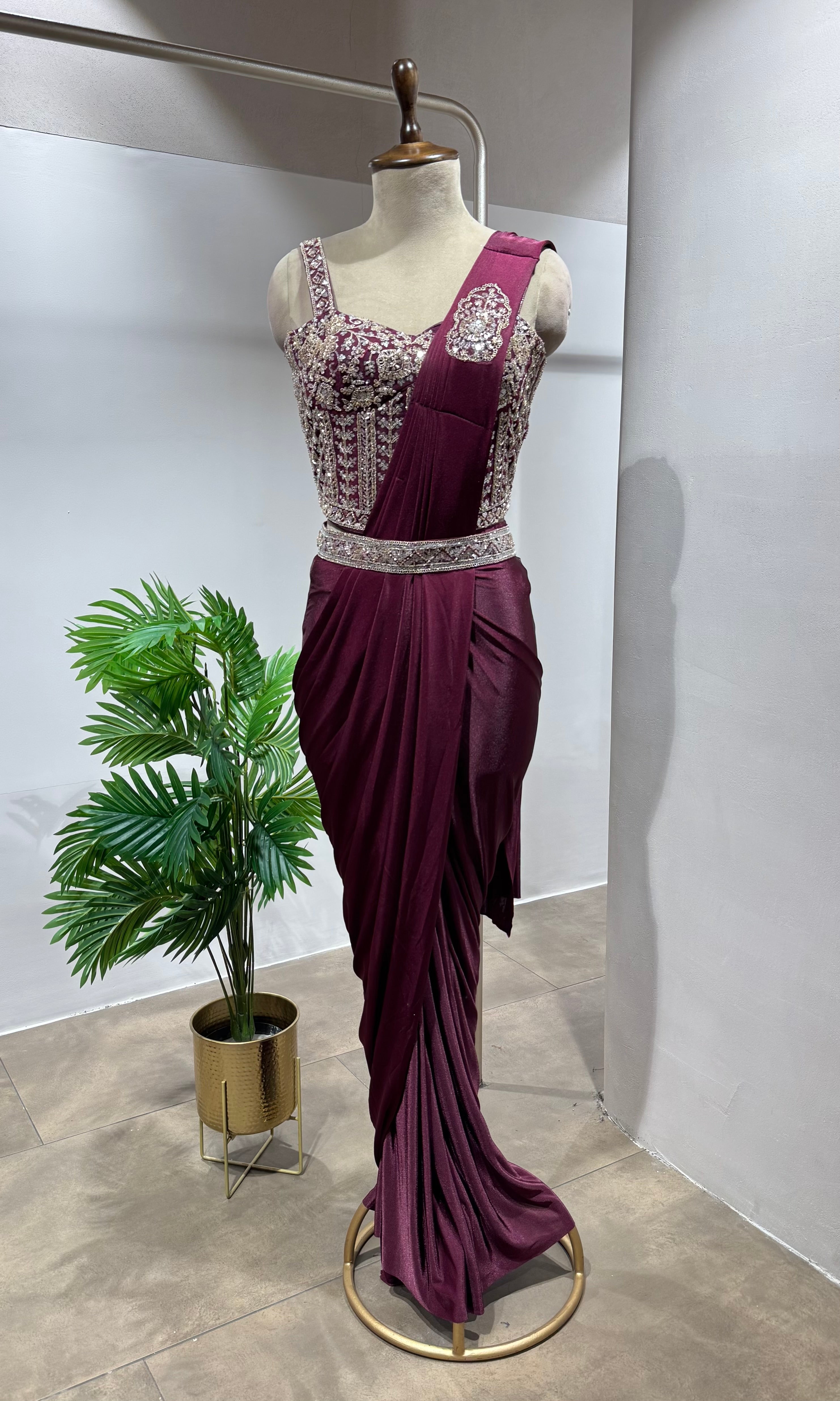 WINE CORSET DRAPED SAREE WITH BELT
