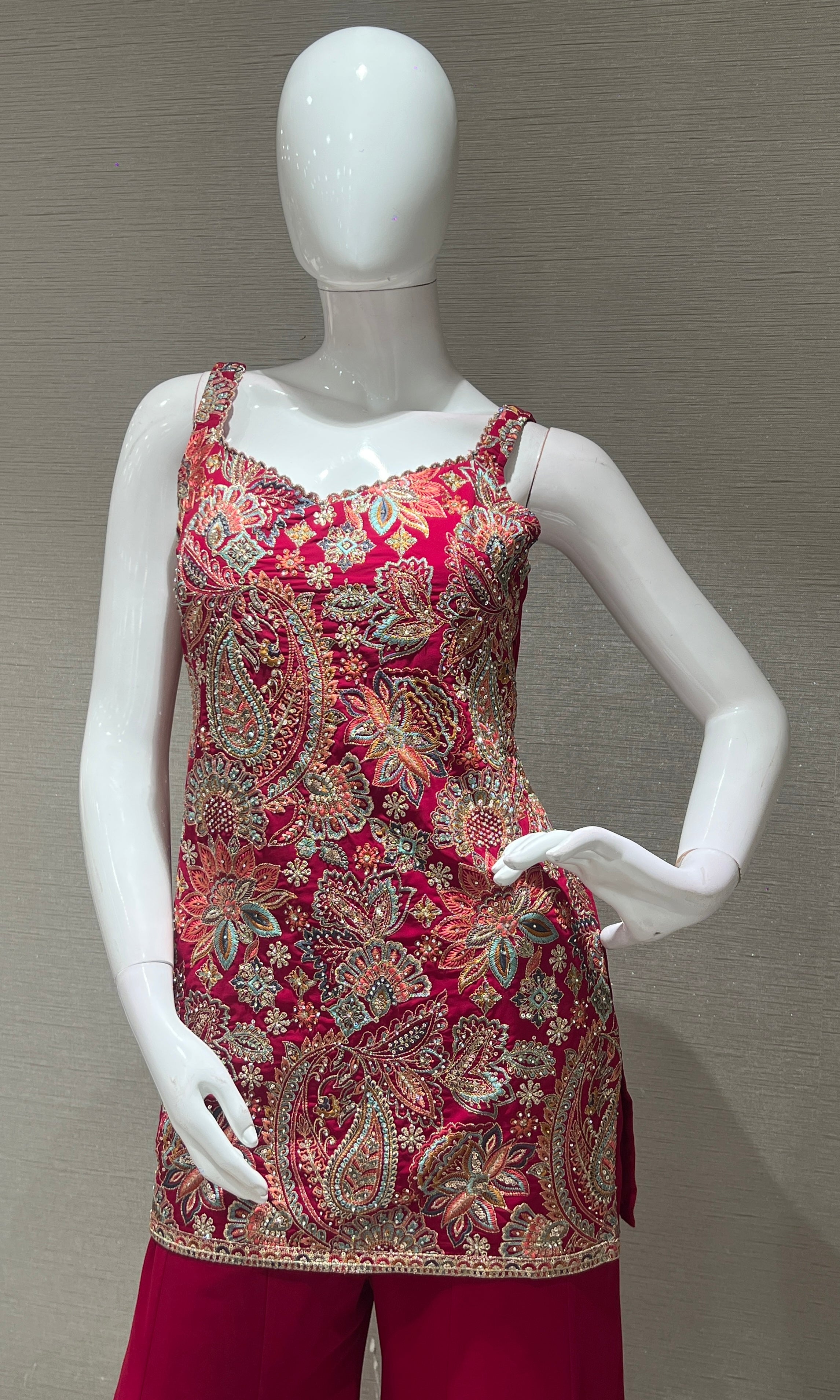 Rani pink Embellished short peplum palazzo set