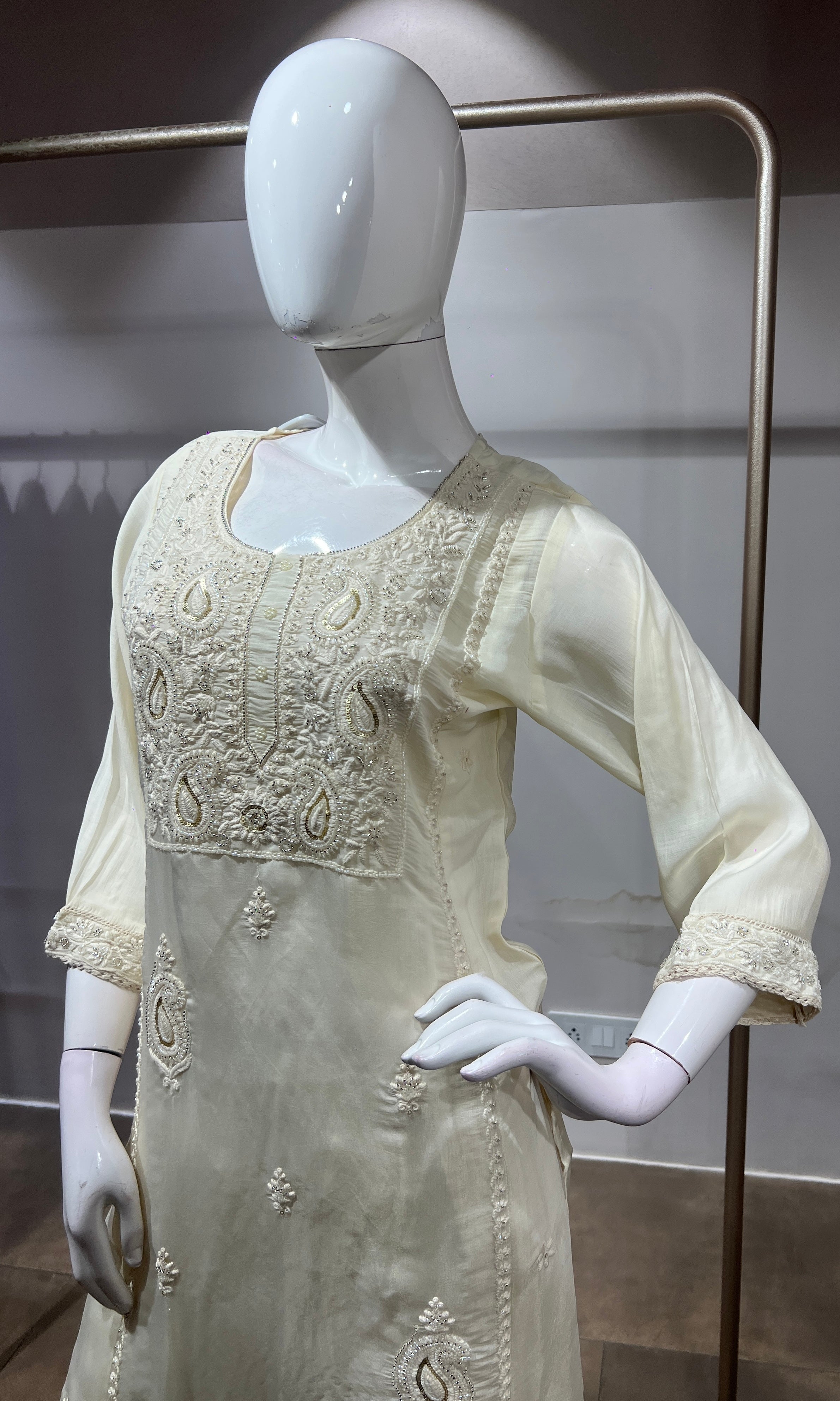 Half White Chanderi Silk Kurta Suit Set