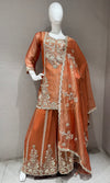 Rust Embroidered Sharara Set with Sheer Dupatta