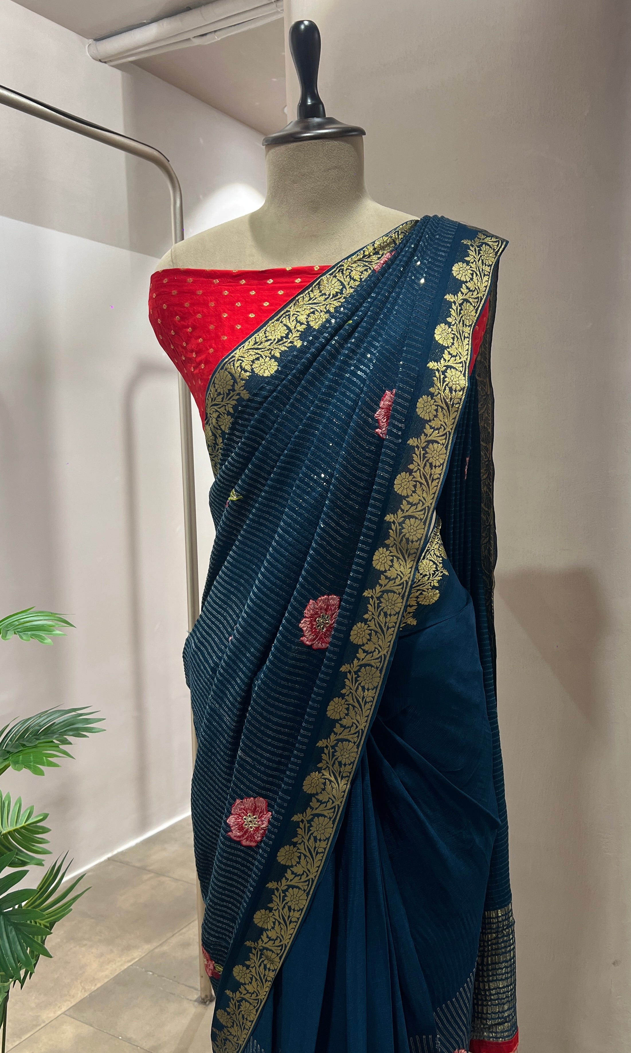 PEACOCK BLUE FLORAL FANCY SAREE