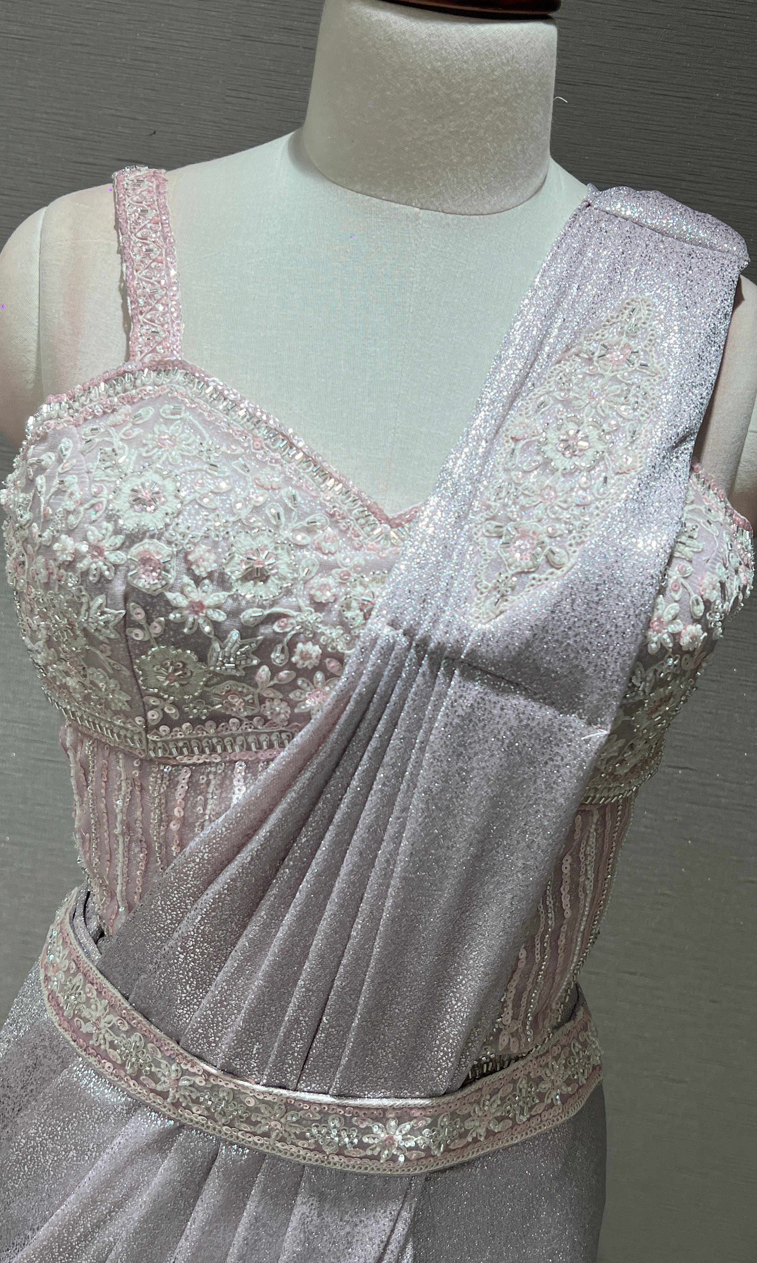 BABY PINK EMBELLISHED DRAPE SAREE WITH BELT