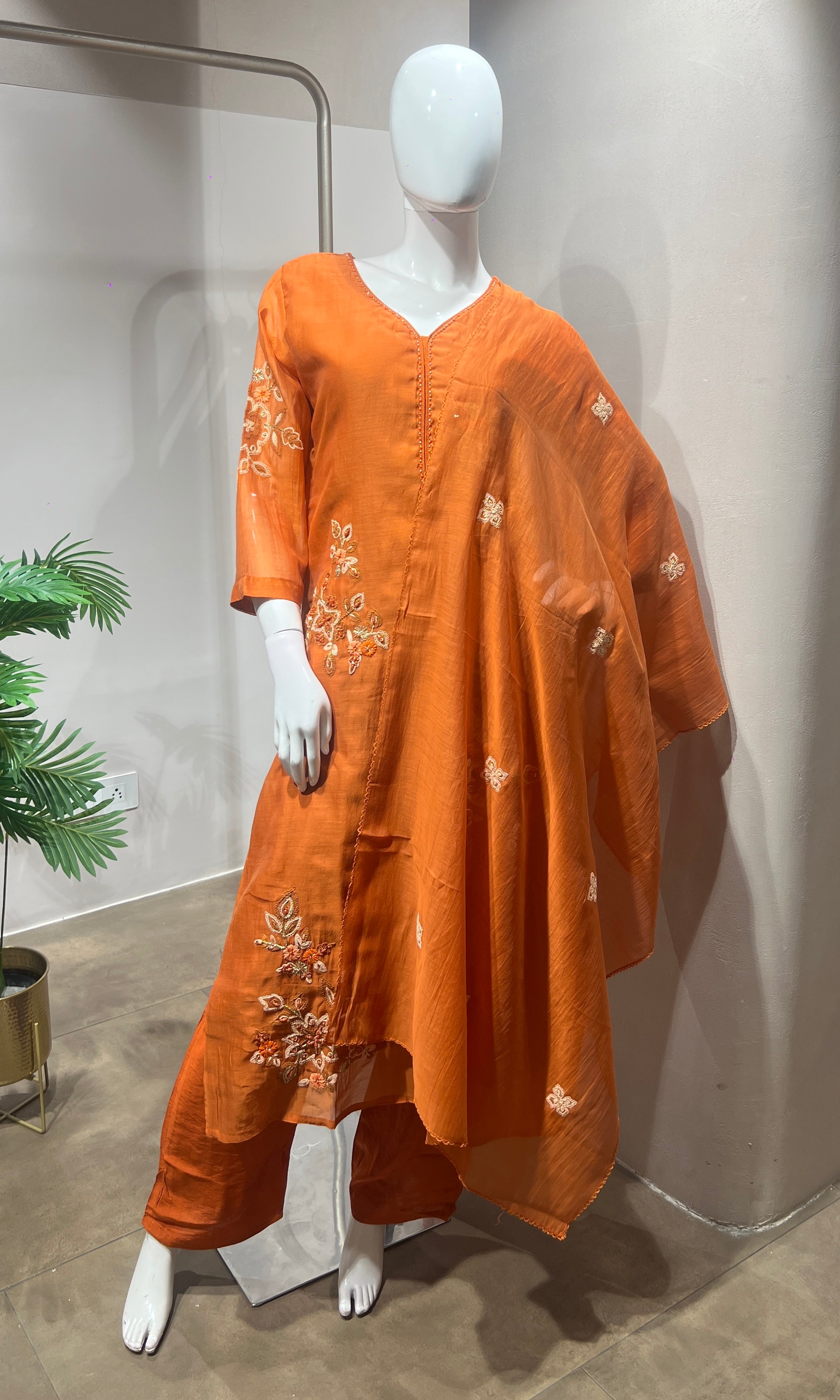 Rust Floral Mul Chanderi Embroidery Suit with Dupatta