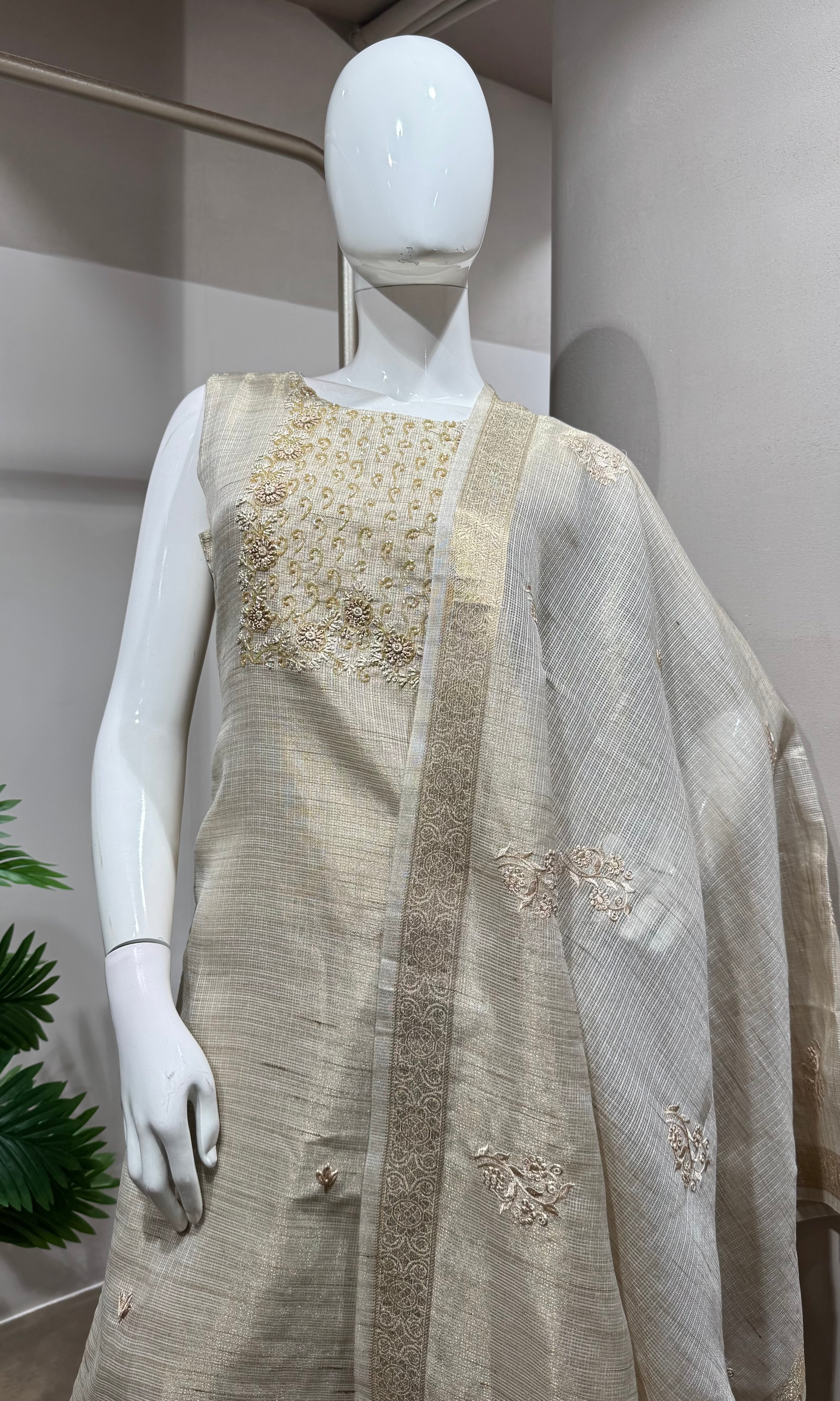 Fawn Elegant Kurta Set with Striped Dupatta