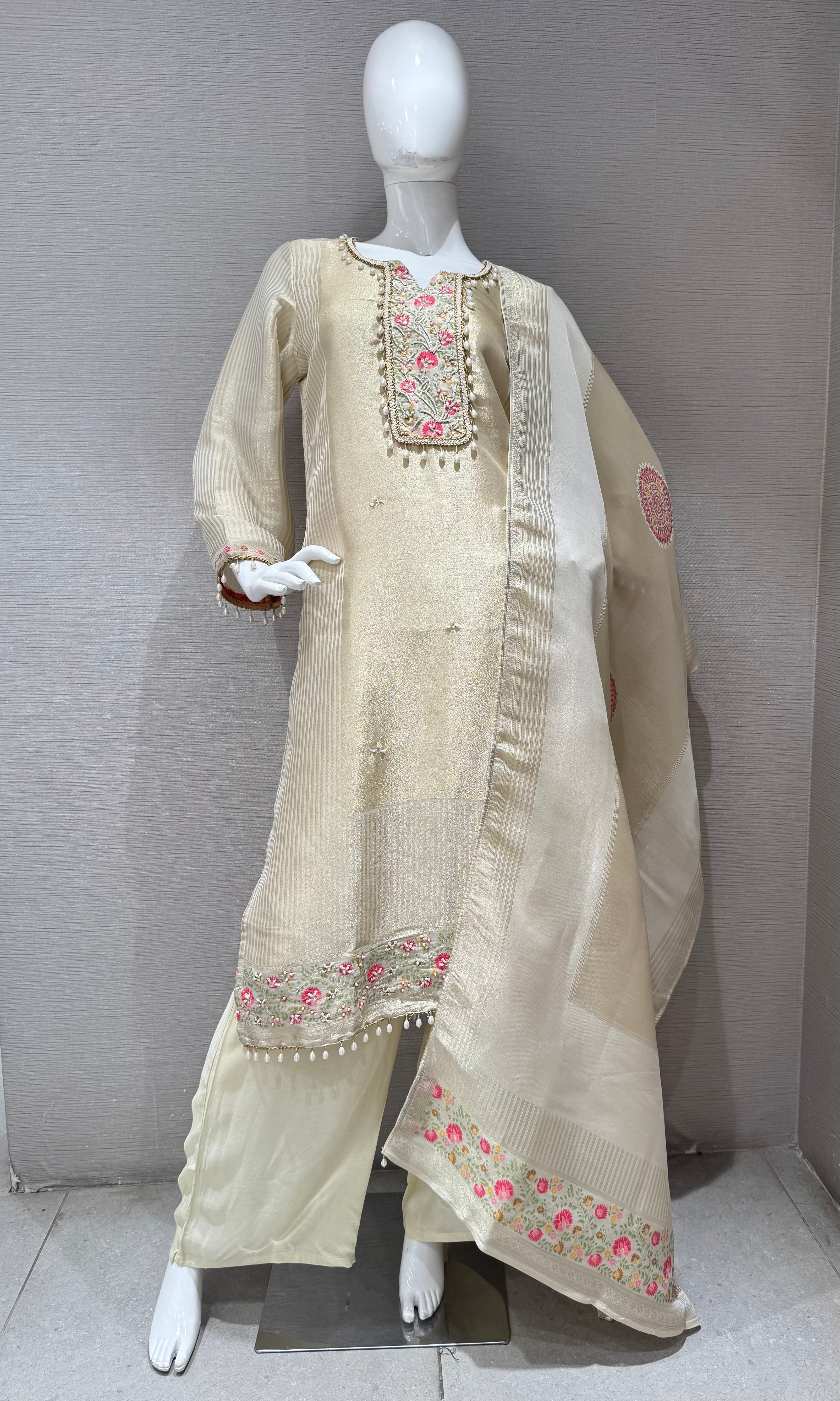 Cream Bloom Embroidered Kurta Set