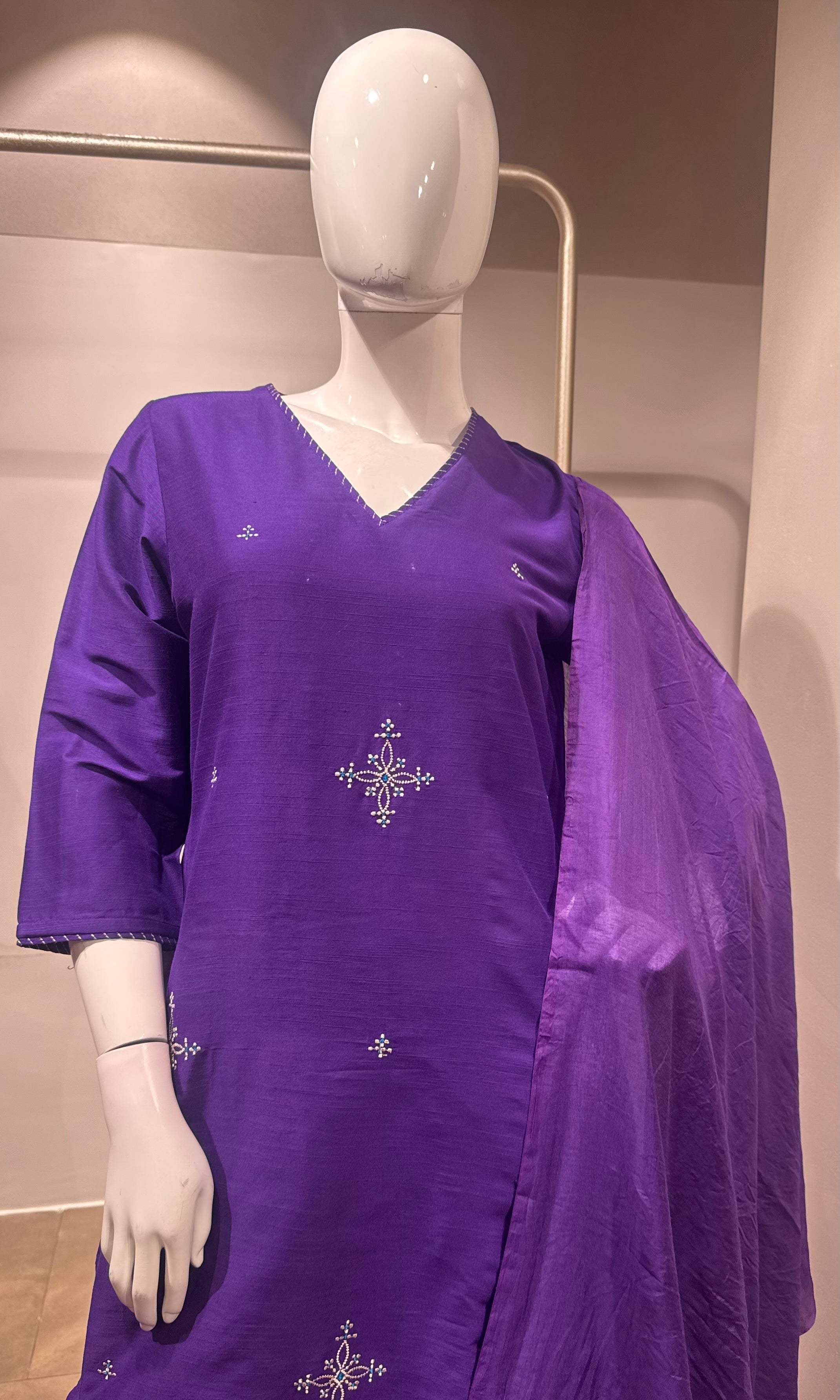 Purple Embroidered Kurta Set with Zari Border Dupatta