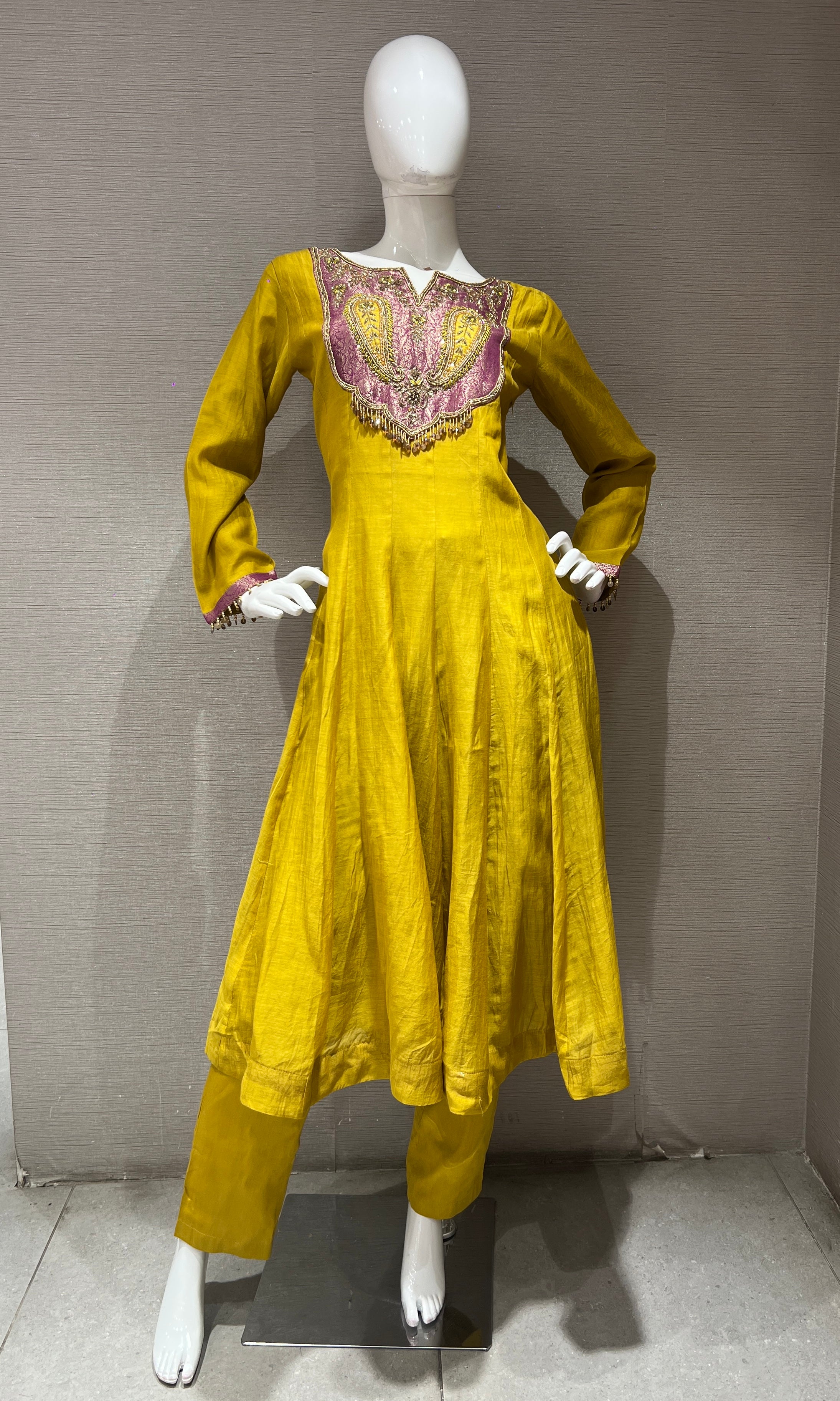 Mustard Anarkali Set with Magenta Dupatta