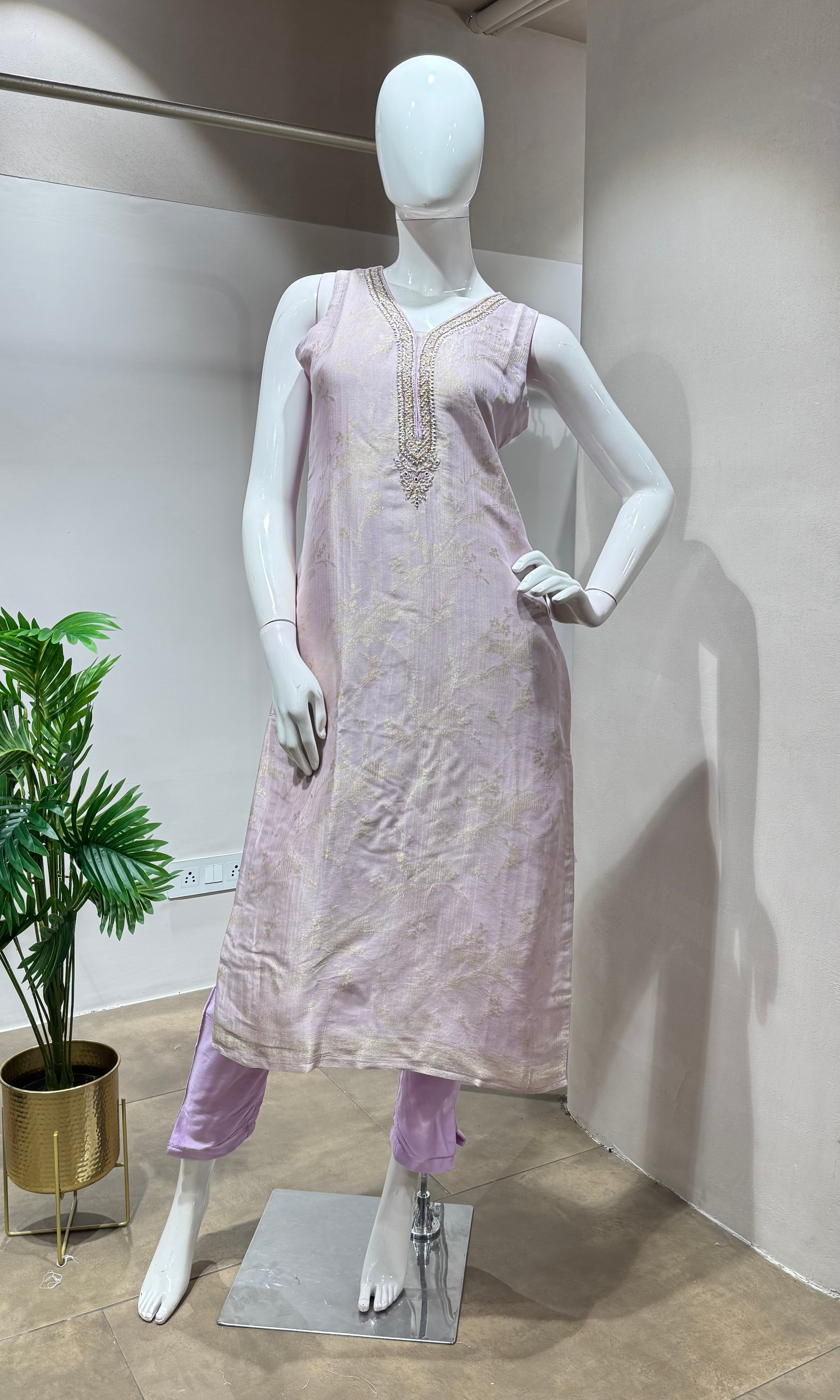 lilac silk kurta set with gold embroidery