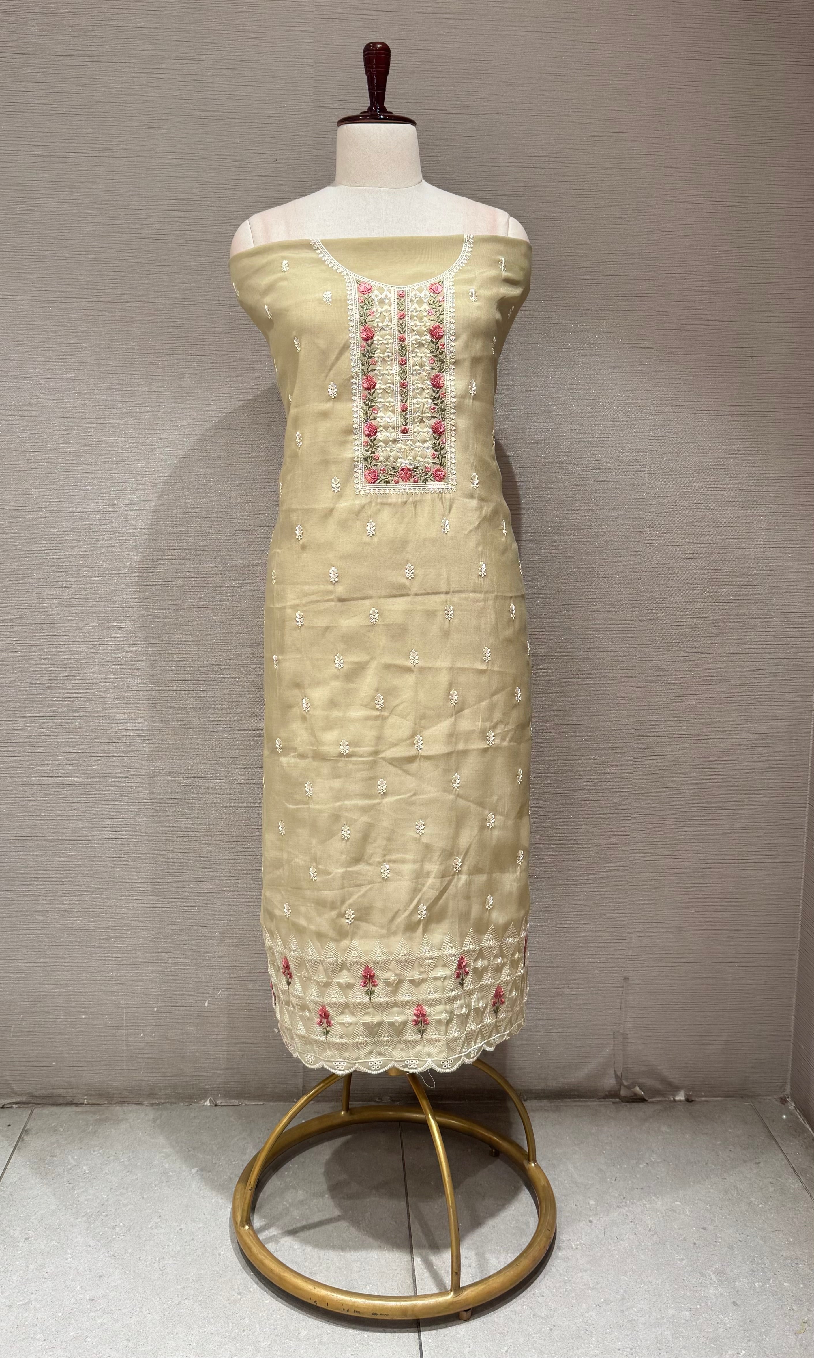 Olive Green floral embroidery dress material