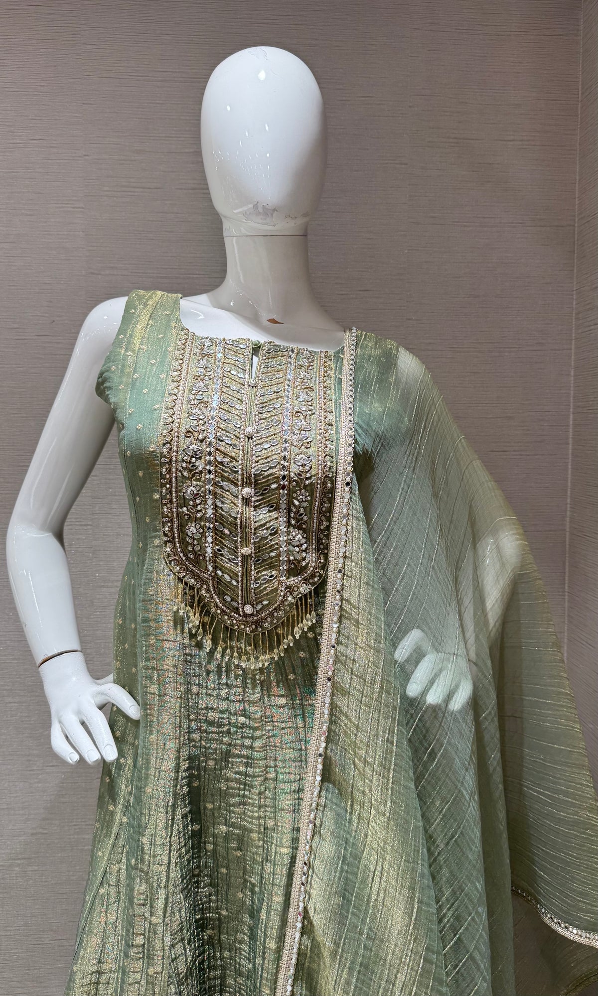 Sage Green Embroidered Tissue Silk Anarkali Set