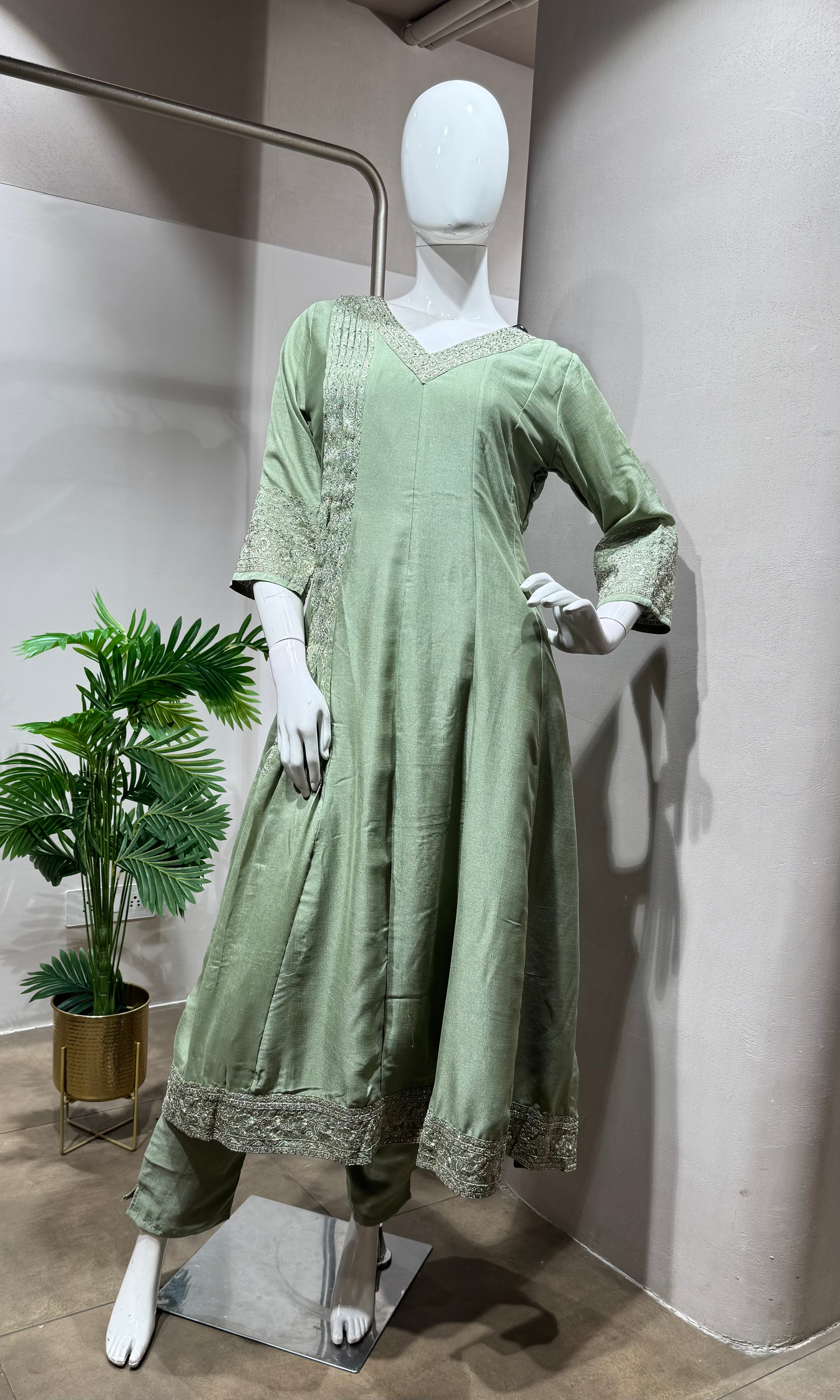 Pista Green Silk Blend Anarkali Ensemble